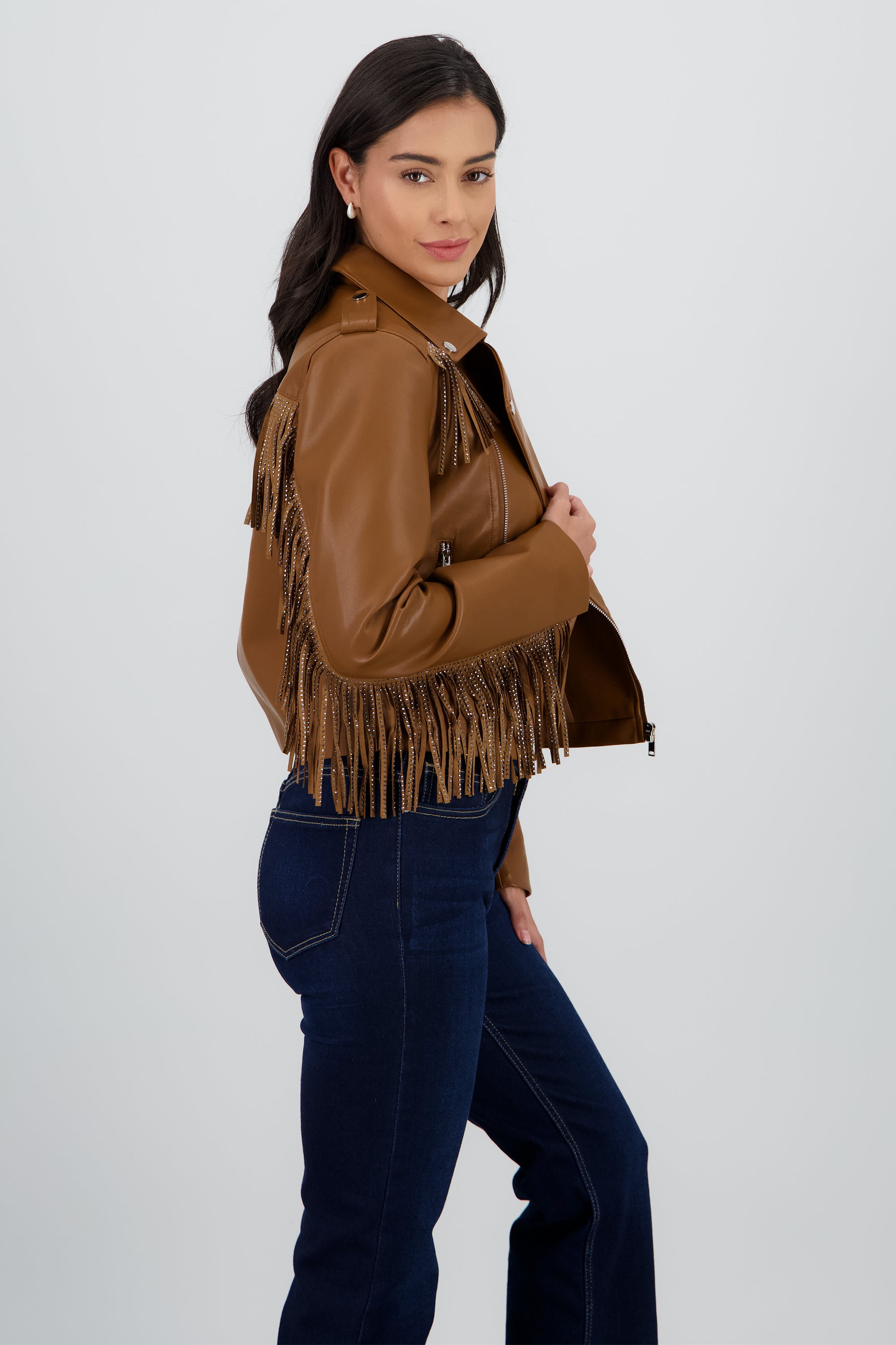 Chamarra Biker Fringe Brillos KHAKI