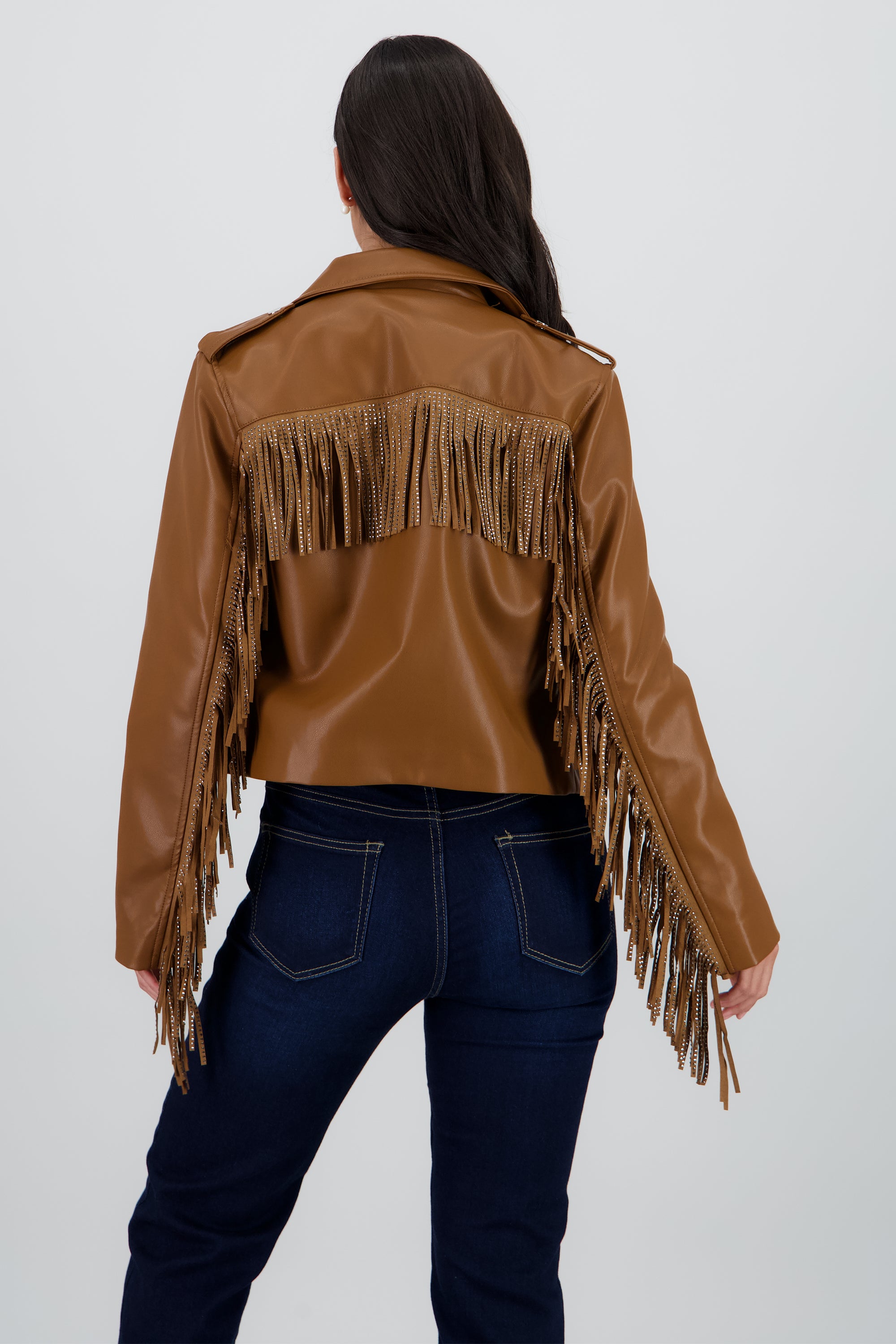 Chamarra Biker Fringe Brillos KHAKI