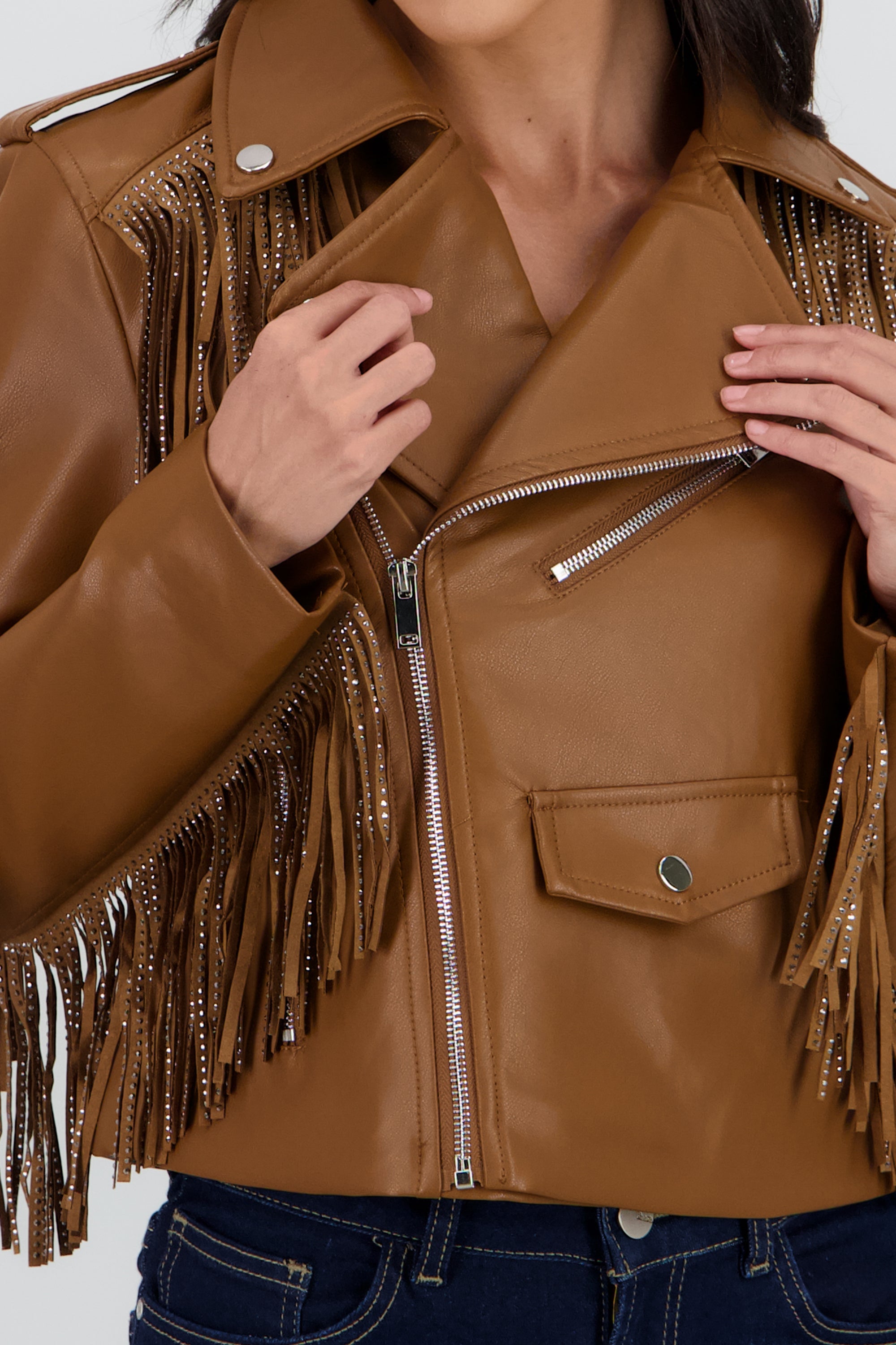 Chamarra Biker Fringe Brillos KHAKI