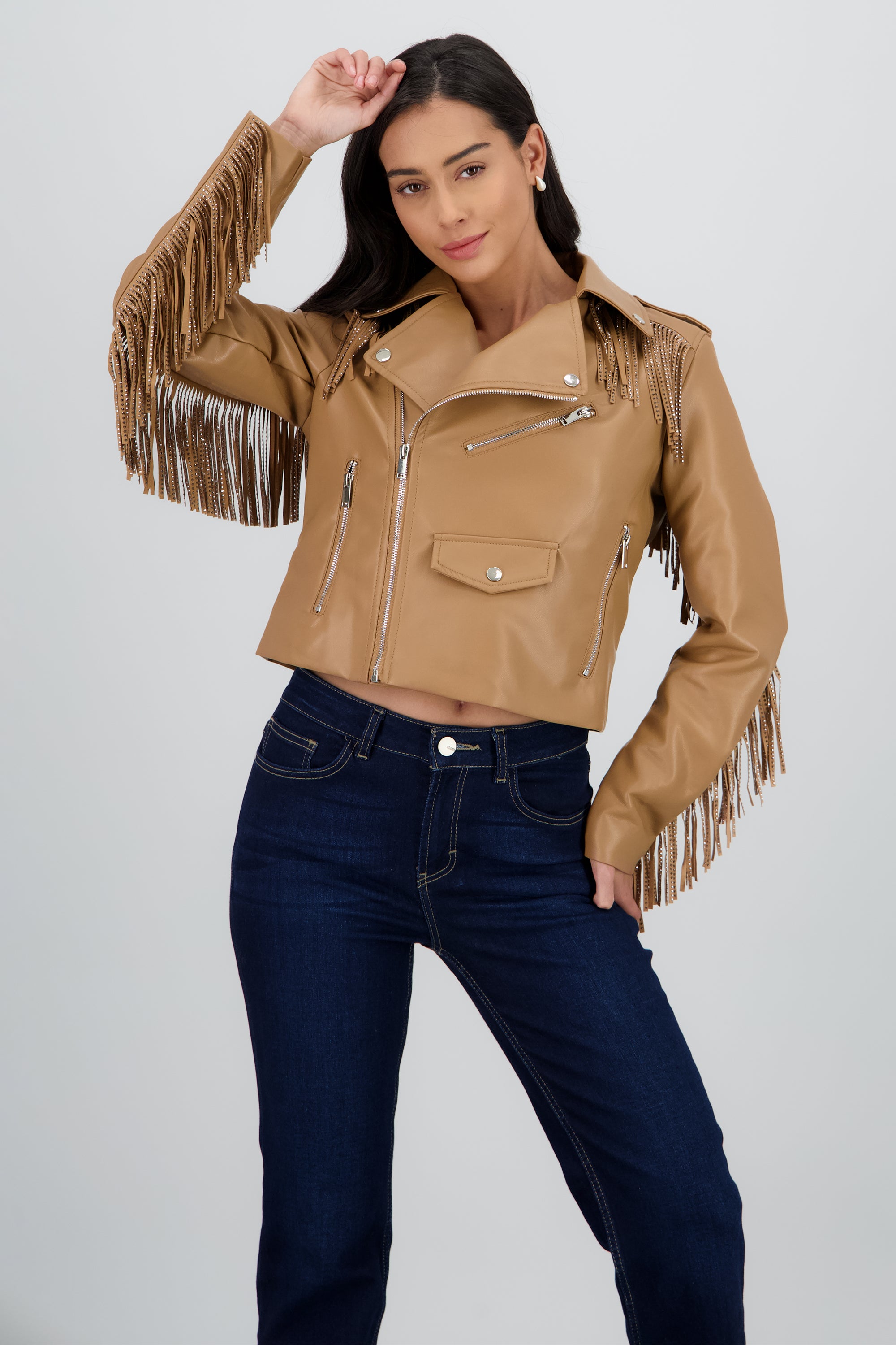 Chamarra Biker Fringe Brillos CAMELLO