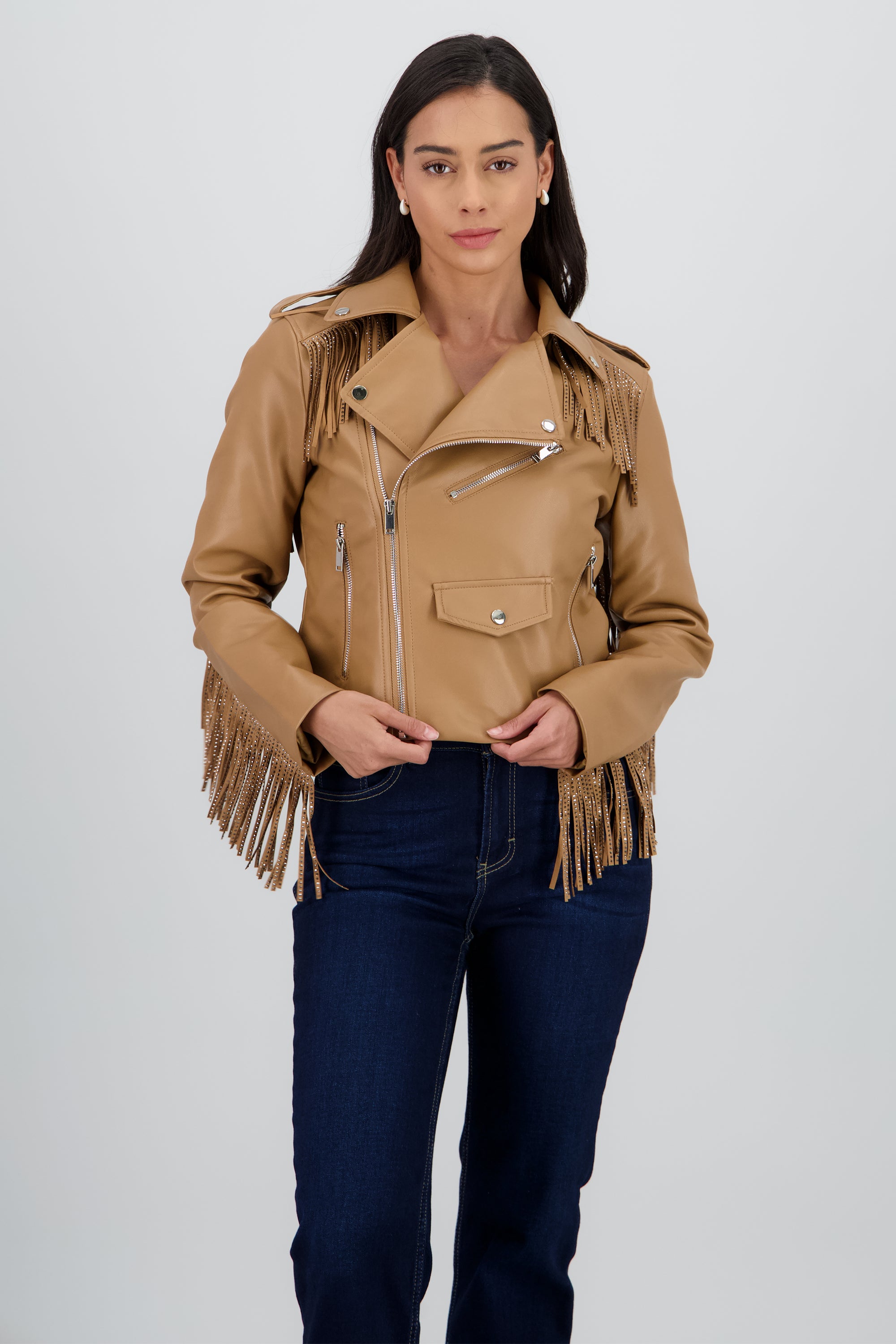 Chamarra Biker Fringe Brillos CAMELLO
