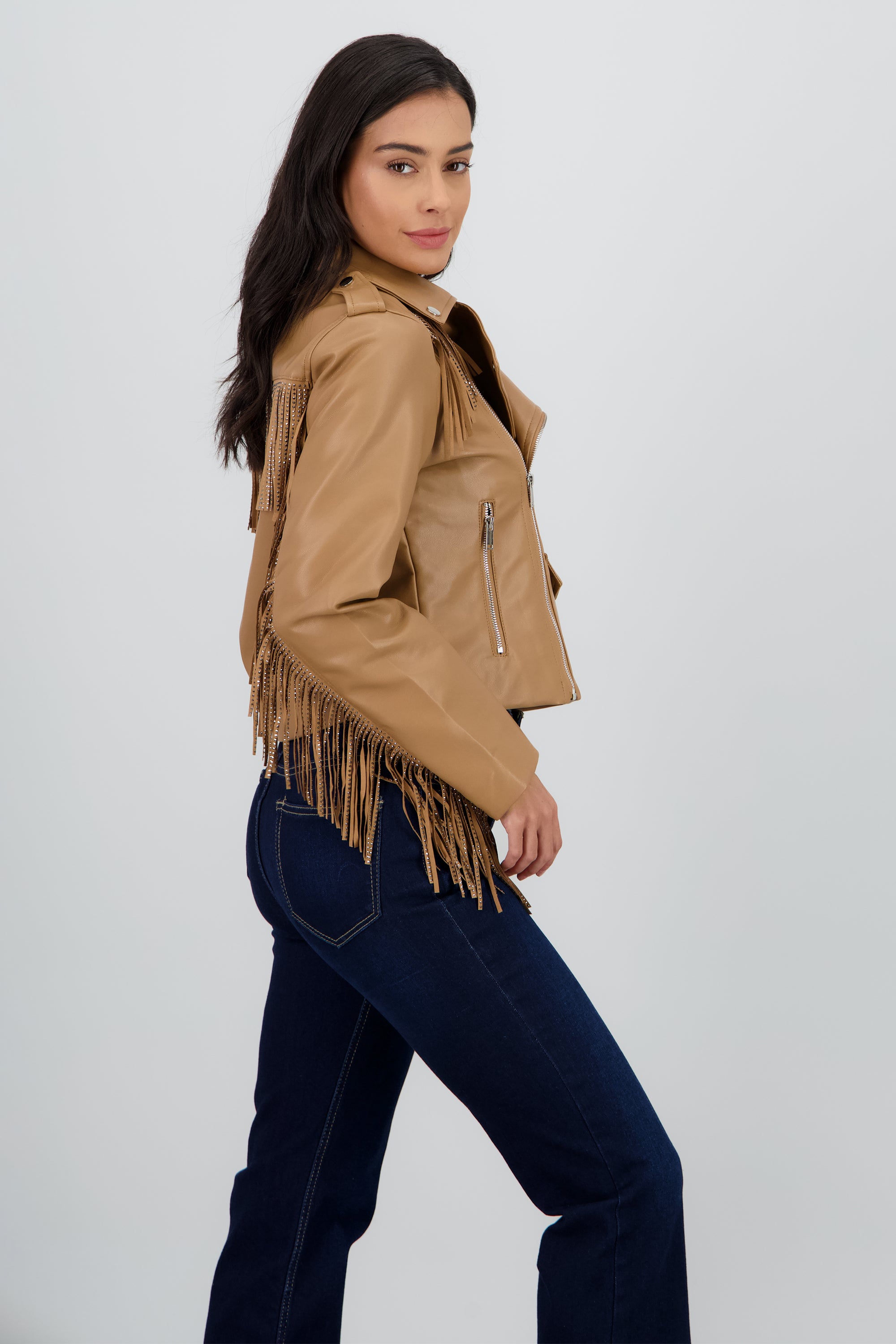 Chamarra Biker Fringe Brillos CAMELLO