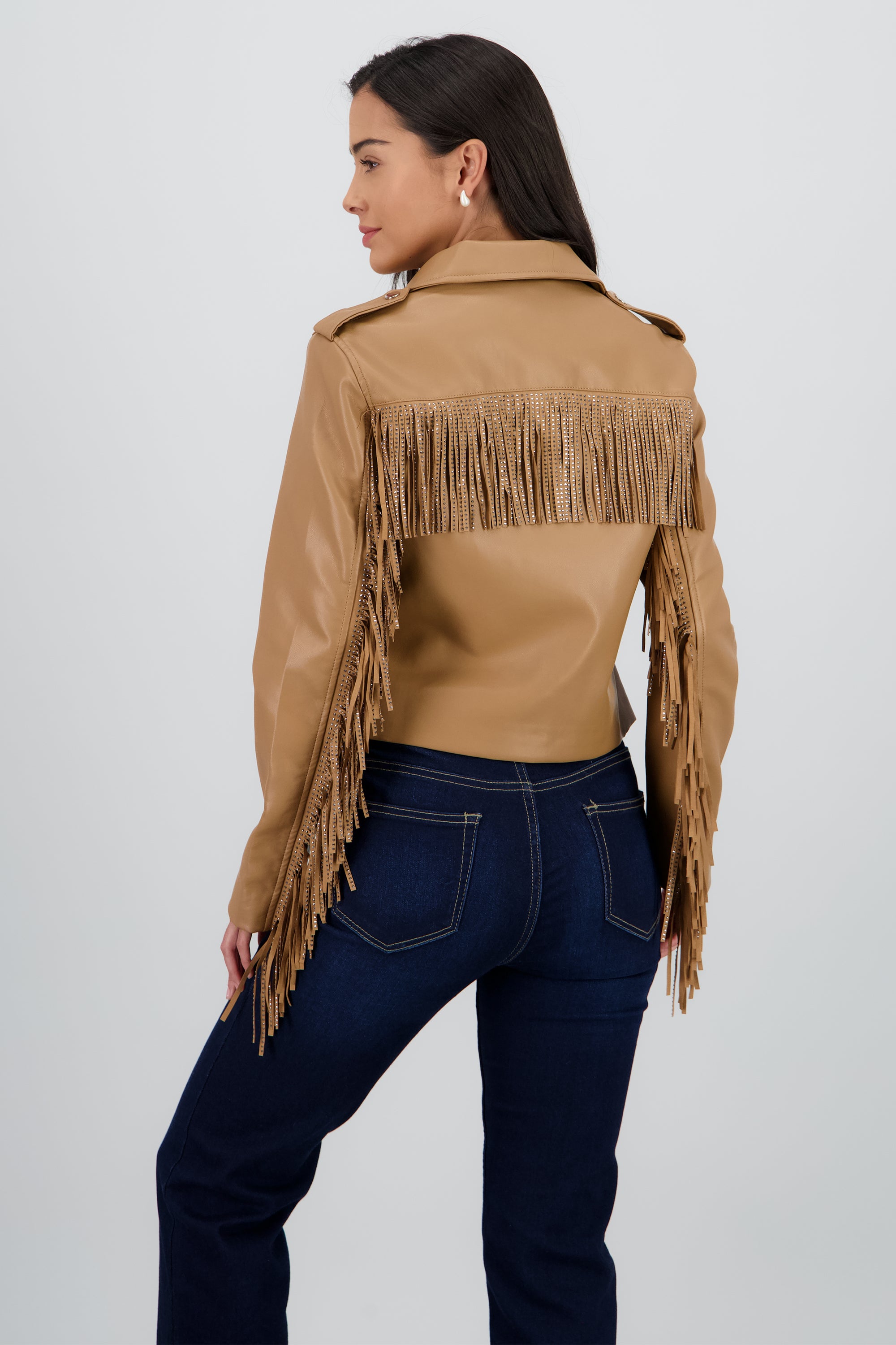 Chamarra Biker Fringe Brillos CAMELLO