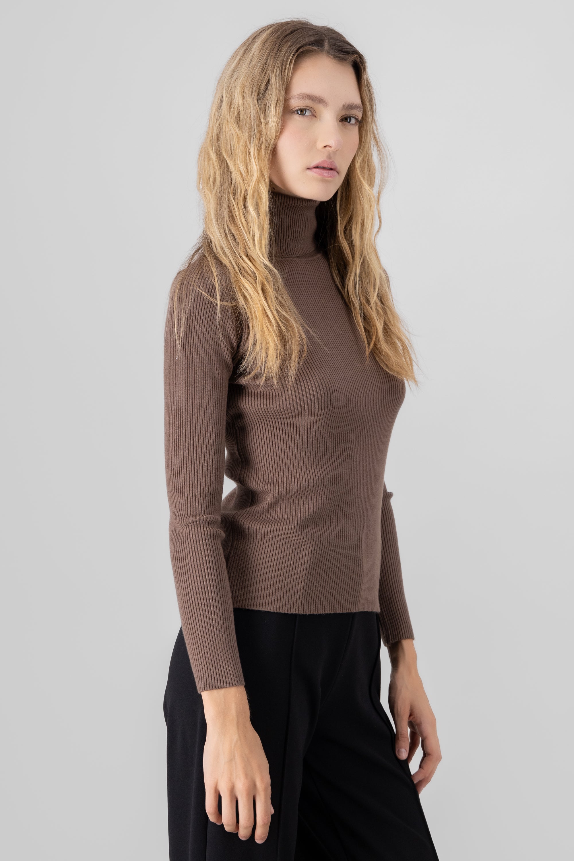 Sueter acanalado cuello alto CAFE