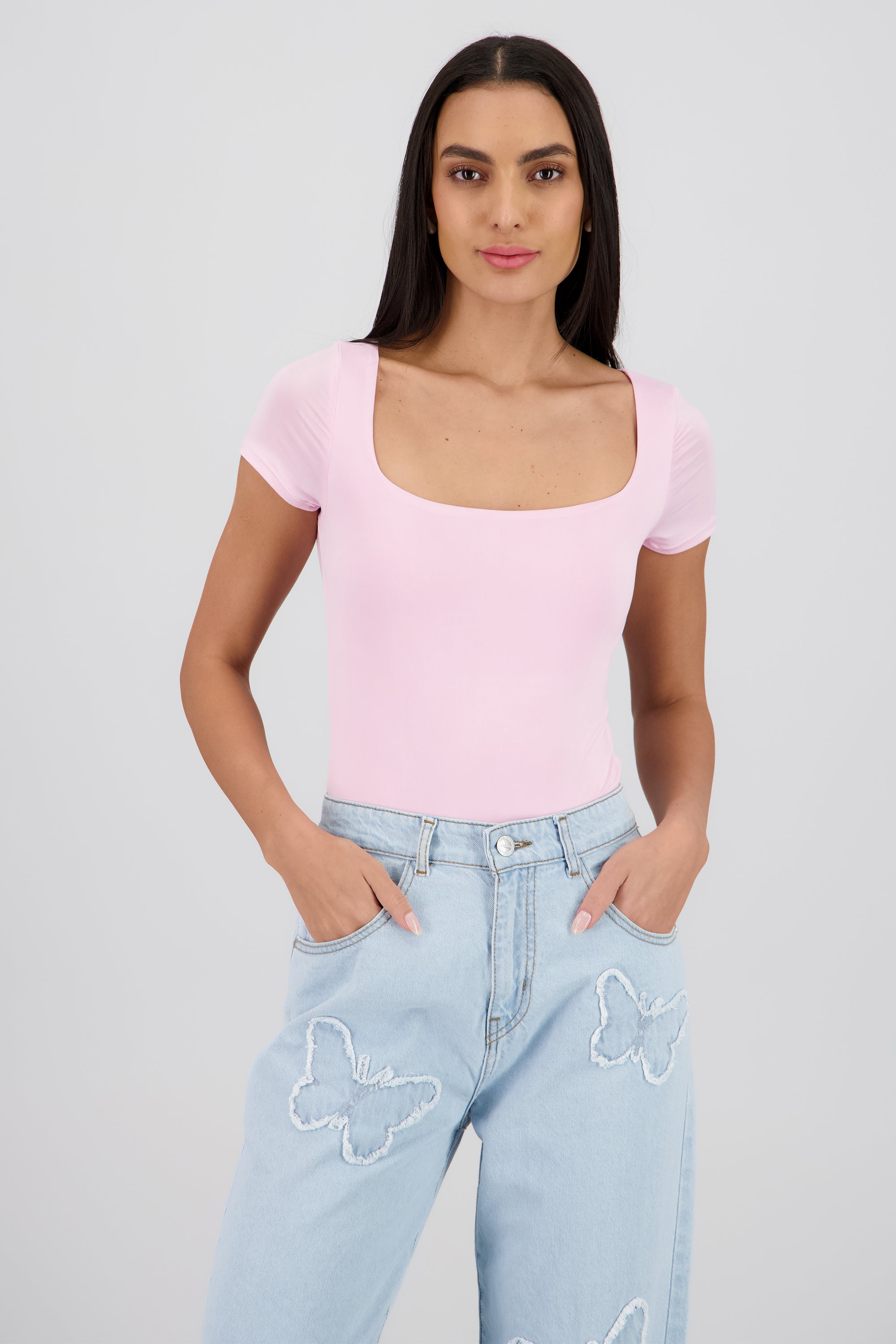 Body manga corta escote cuadrado ROSA PASTEL