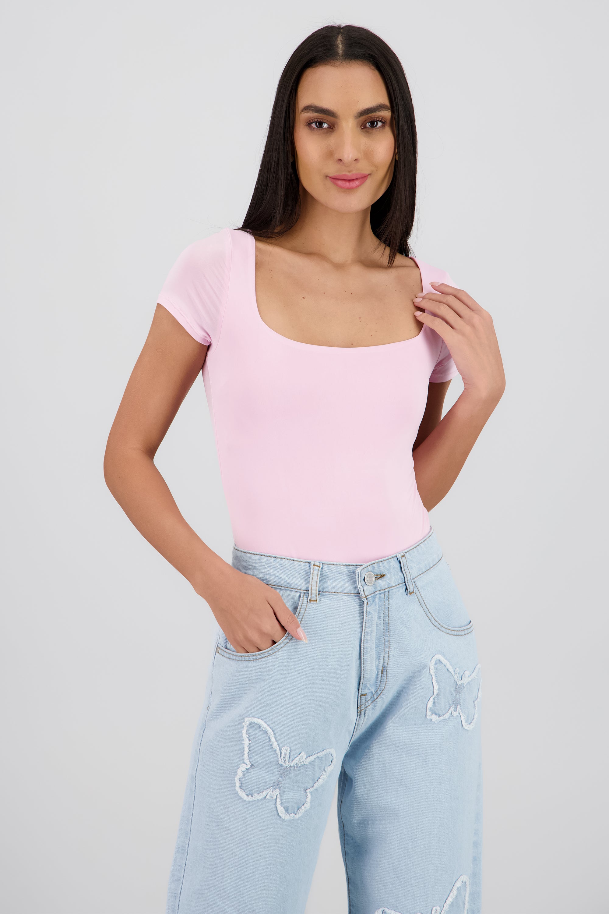 Body manga corta escote cuadrado ROSA PASTEL
