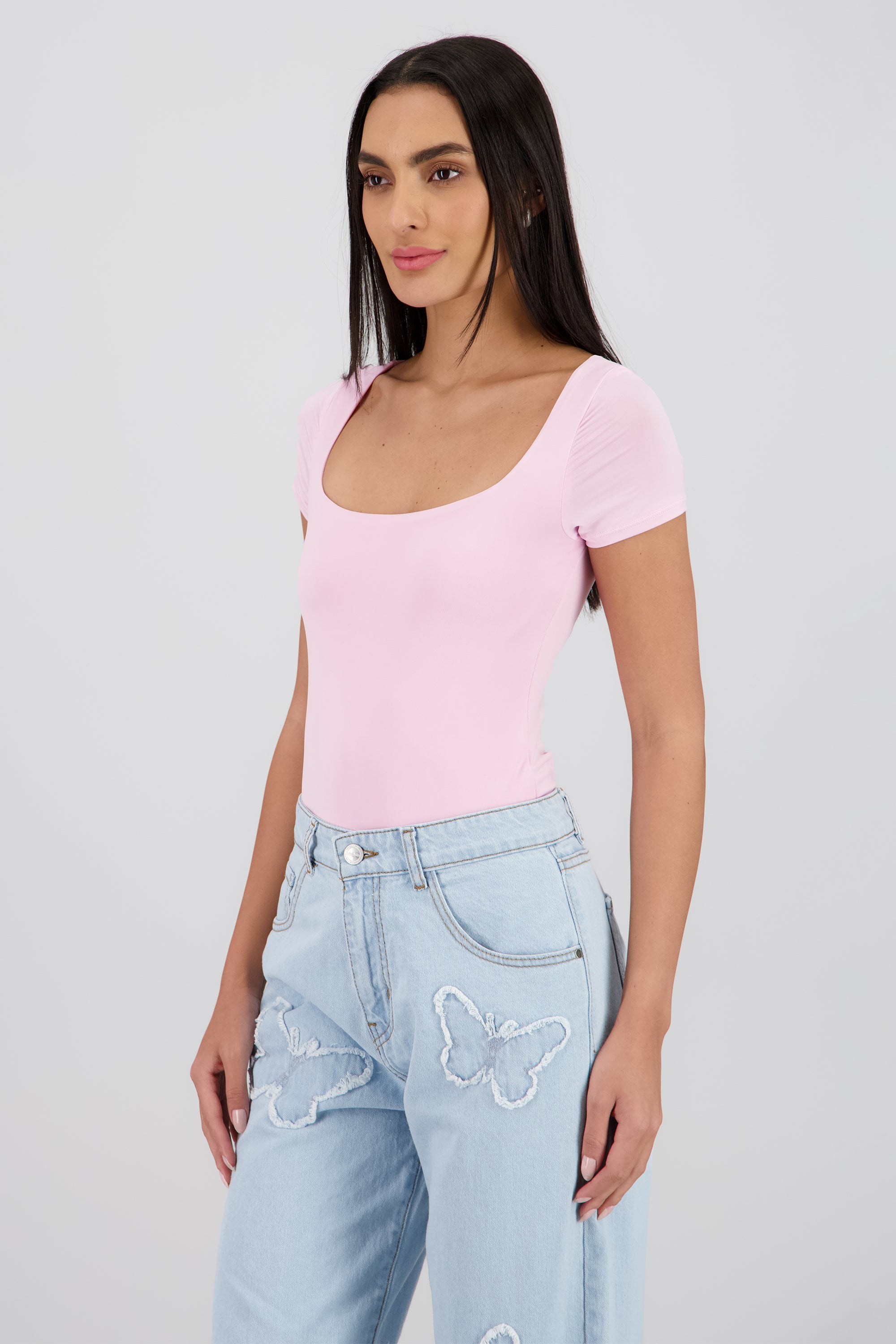 Body manga corta escote cuadrado ROSA PASTEL
