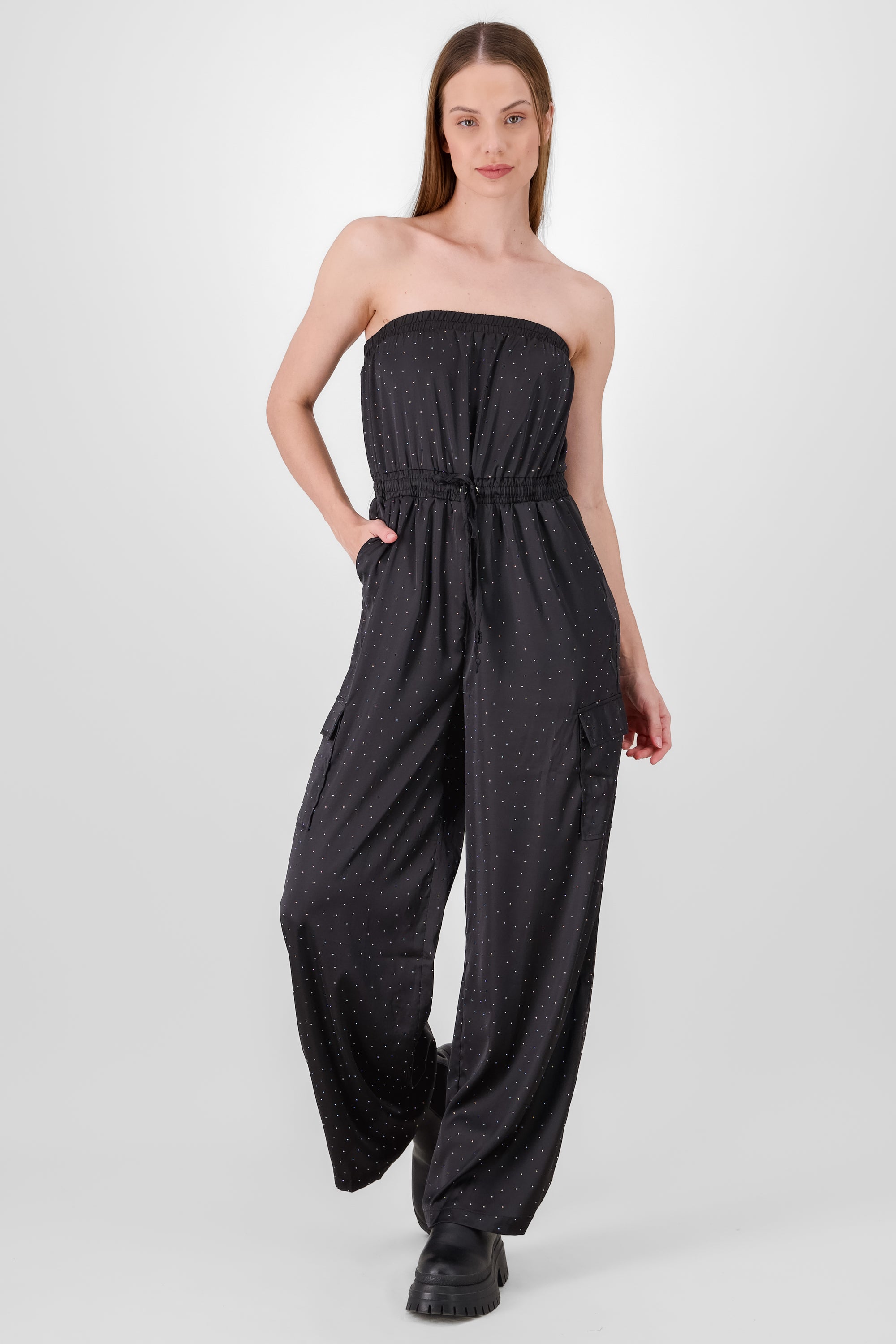 Jumpsuit bandeau aplicaciones brillos NEGRO