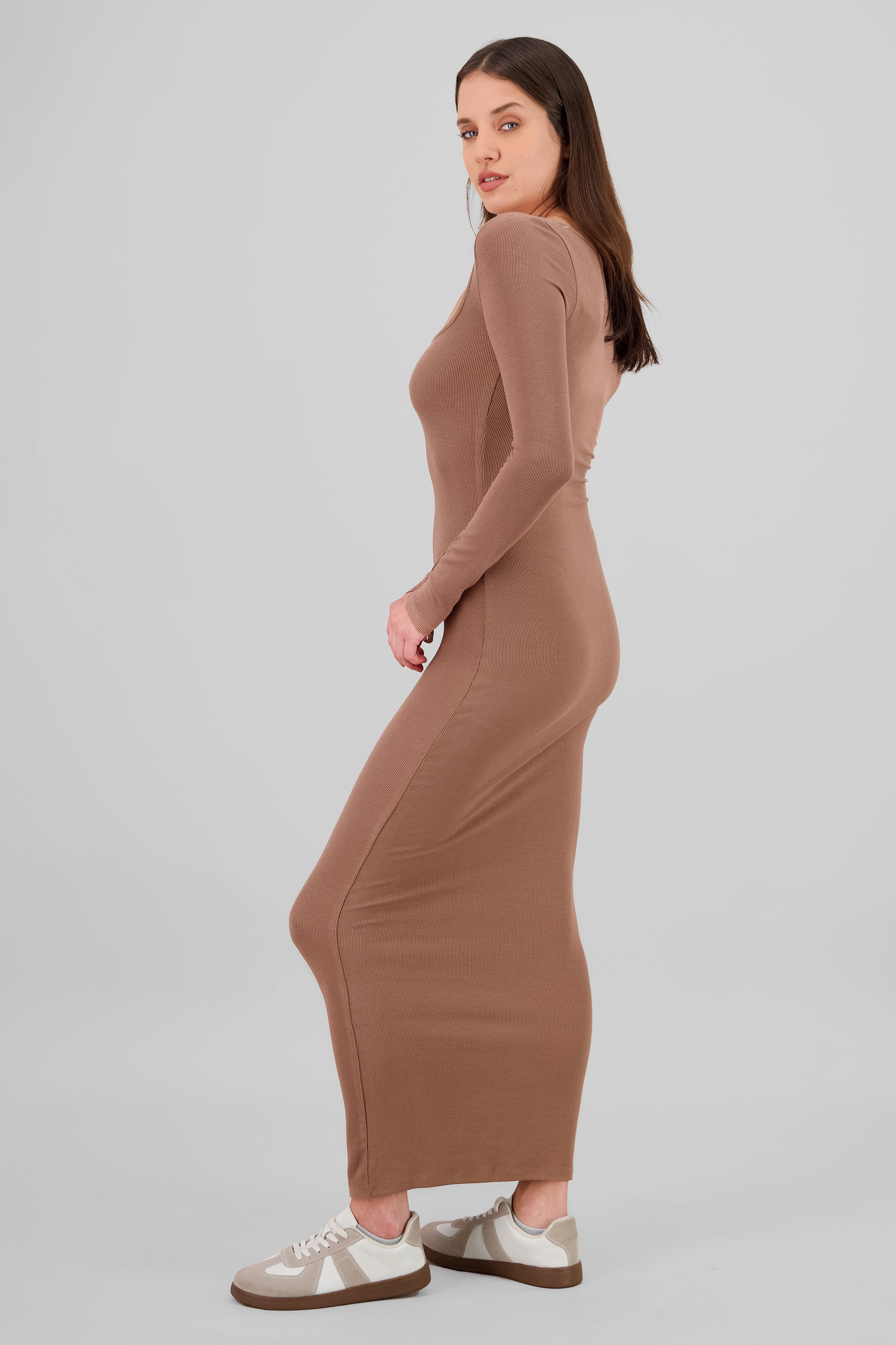 Vestido maxi manga larga liso TAUPE