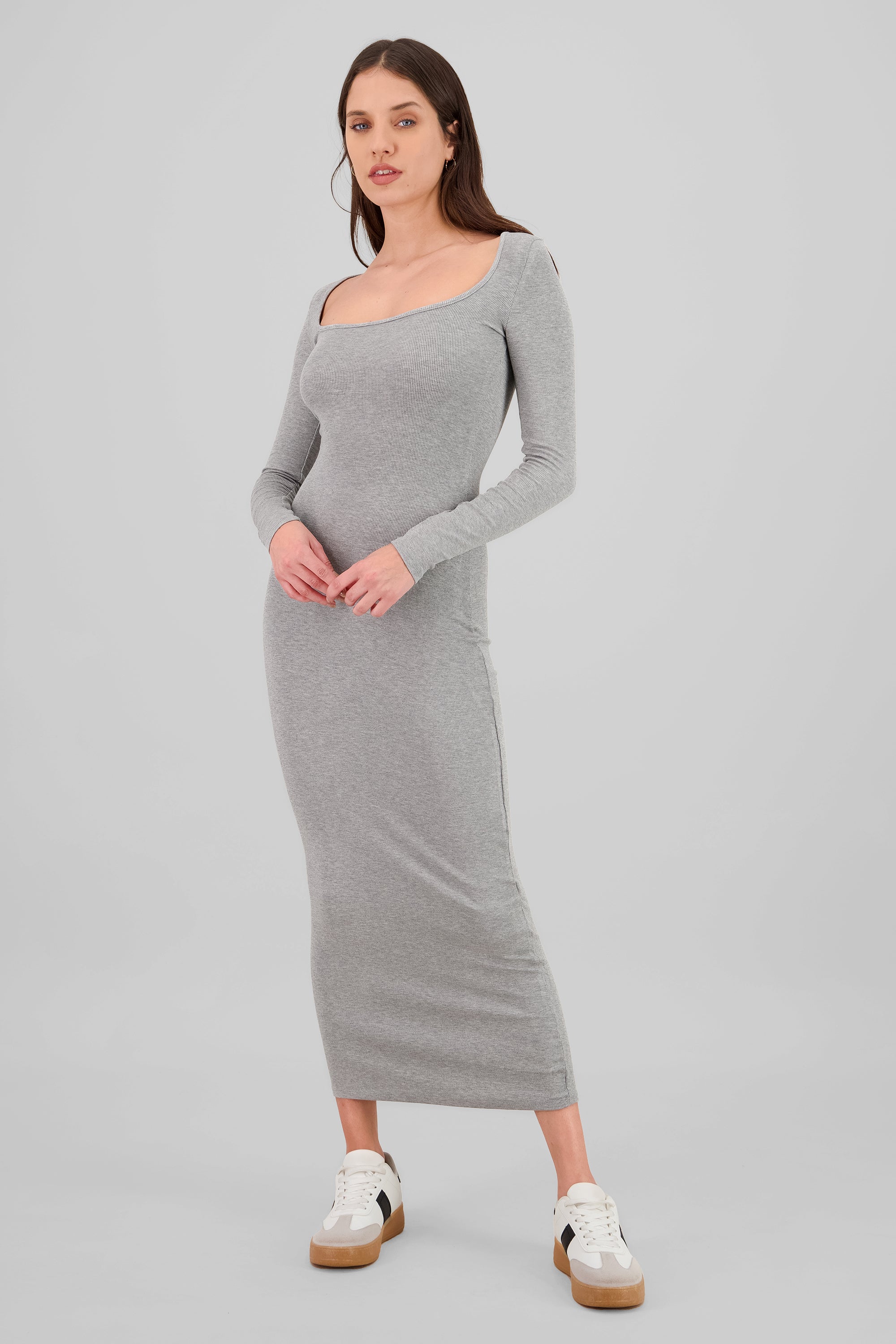 Vestido maxi manga larga liso GRIS
