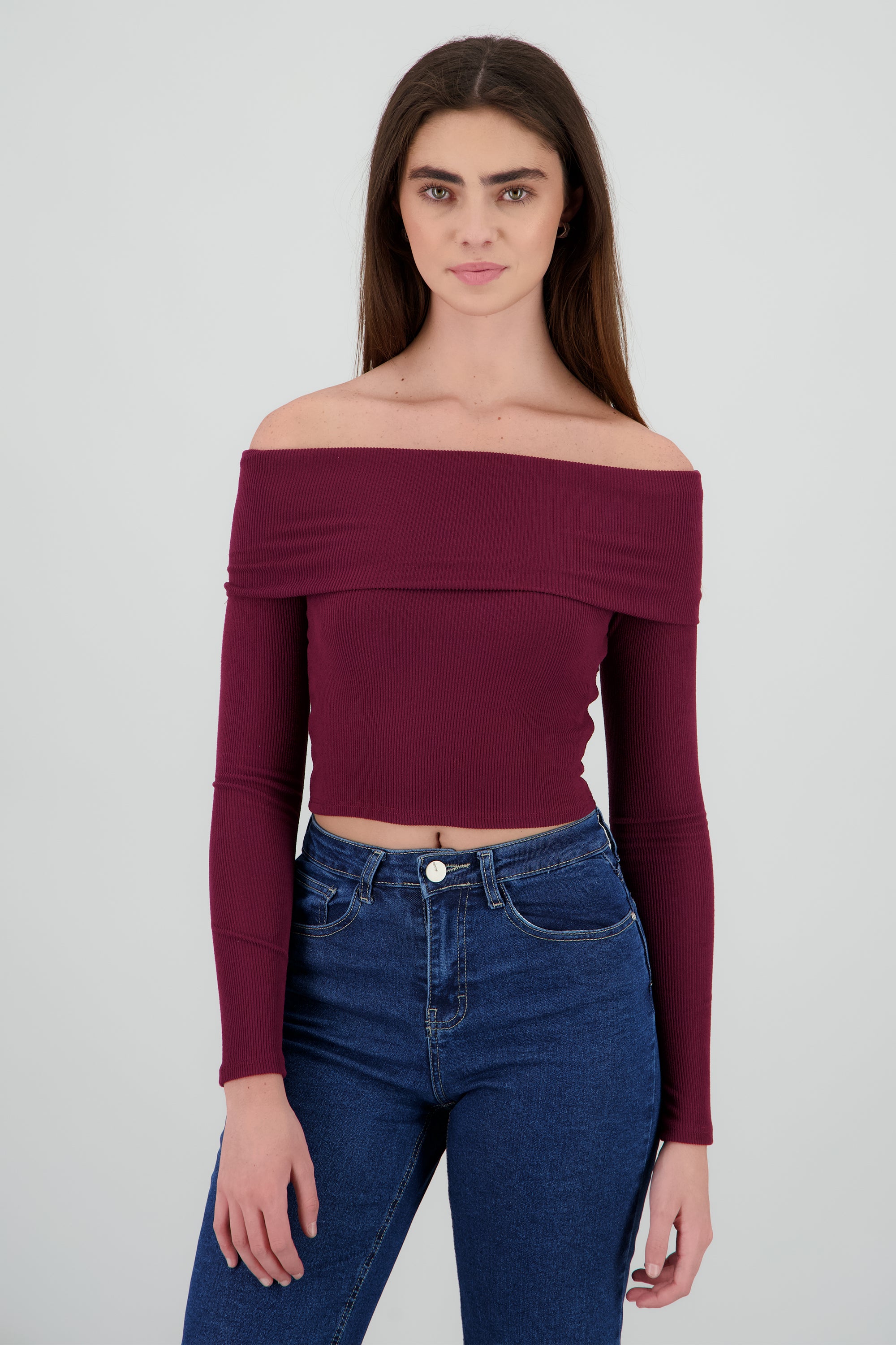 Top off shoulder manga larga rib CIRUELA