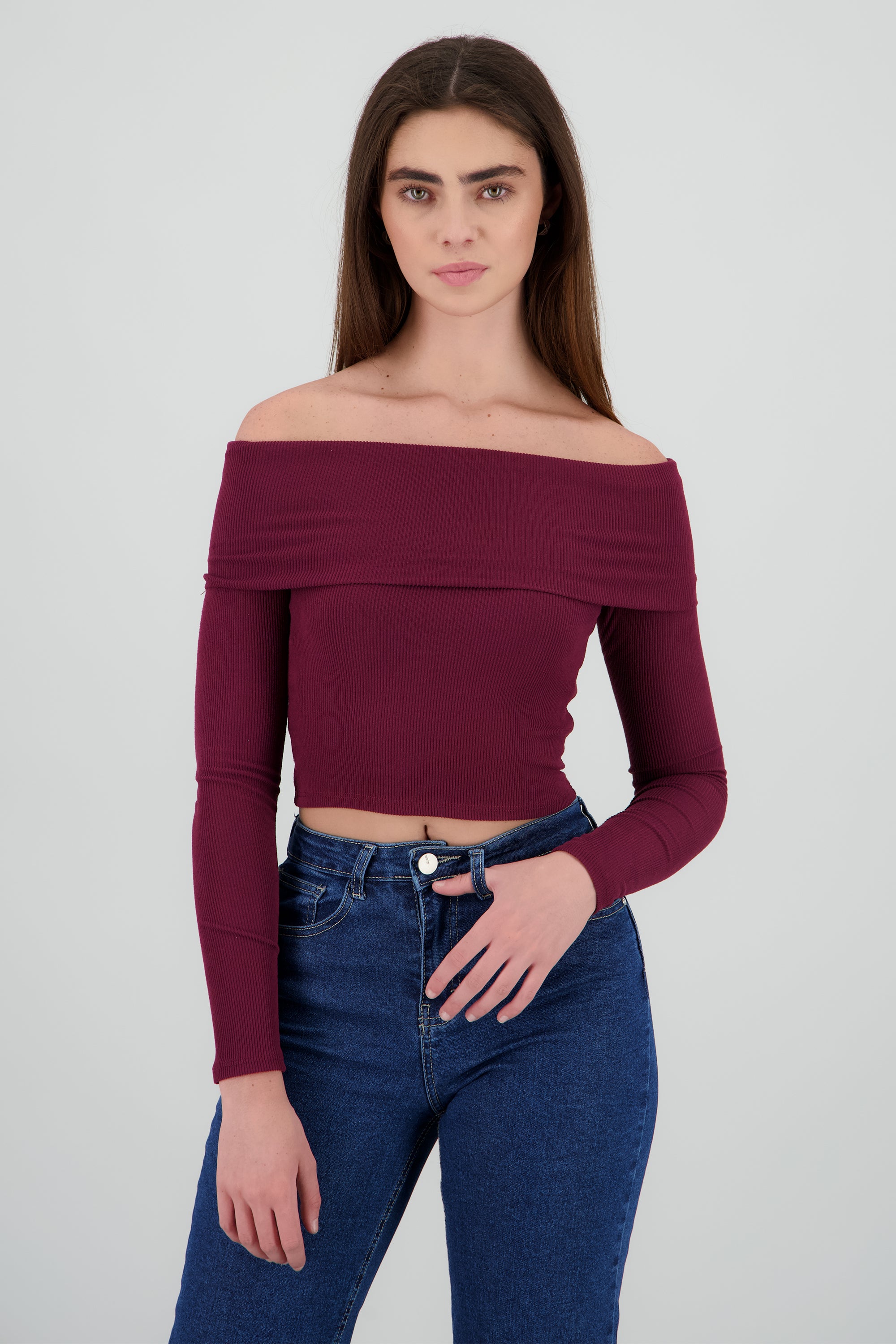 Top off shoulder manga larga rib CIRUELA