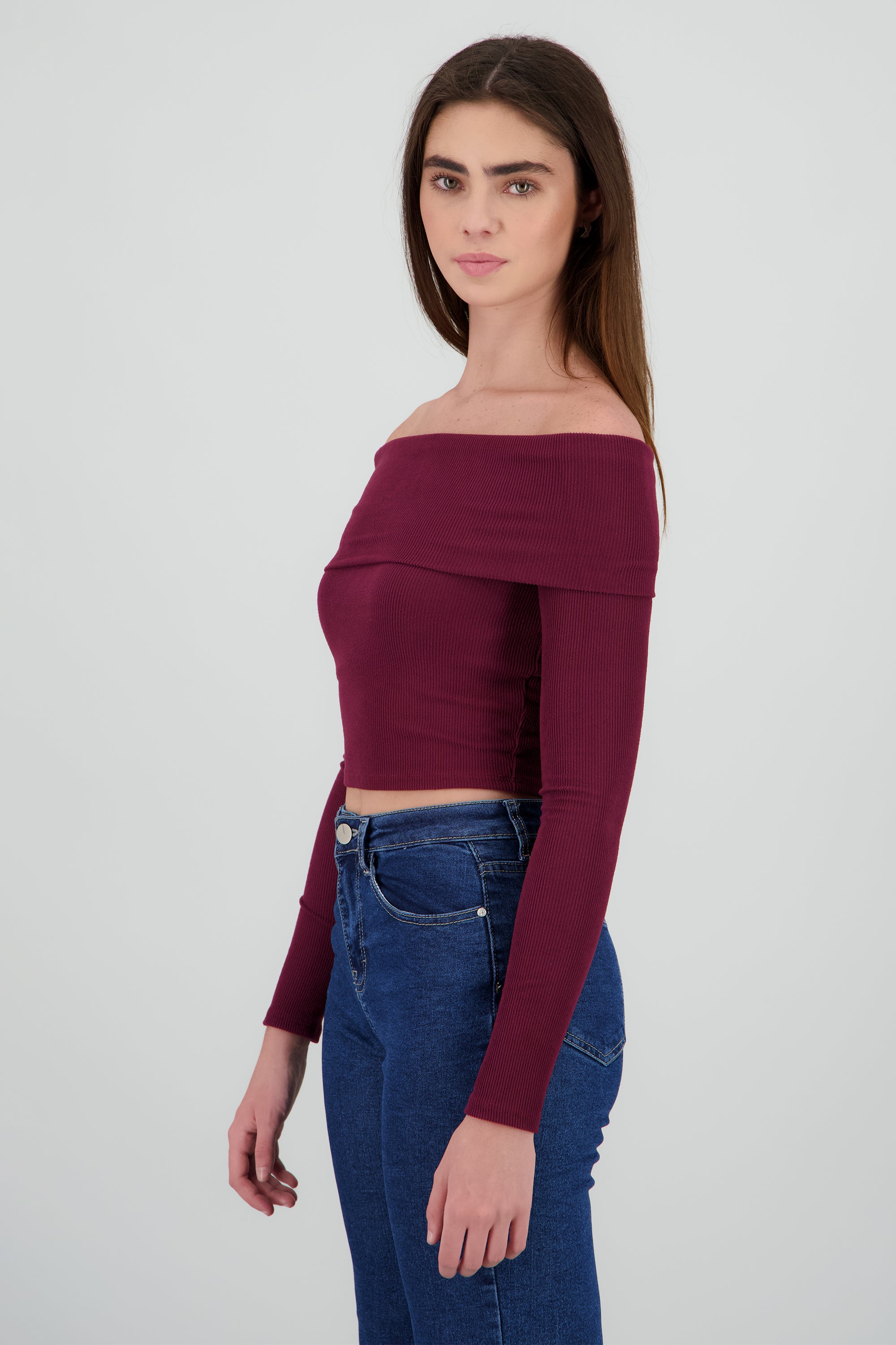 Top off shoulder manga larga rib CIRUELA