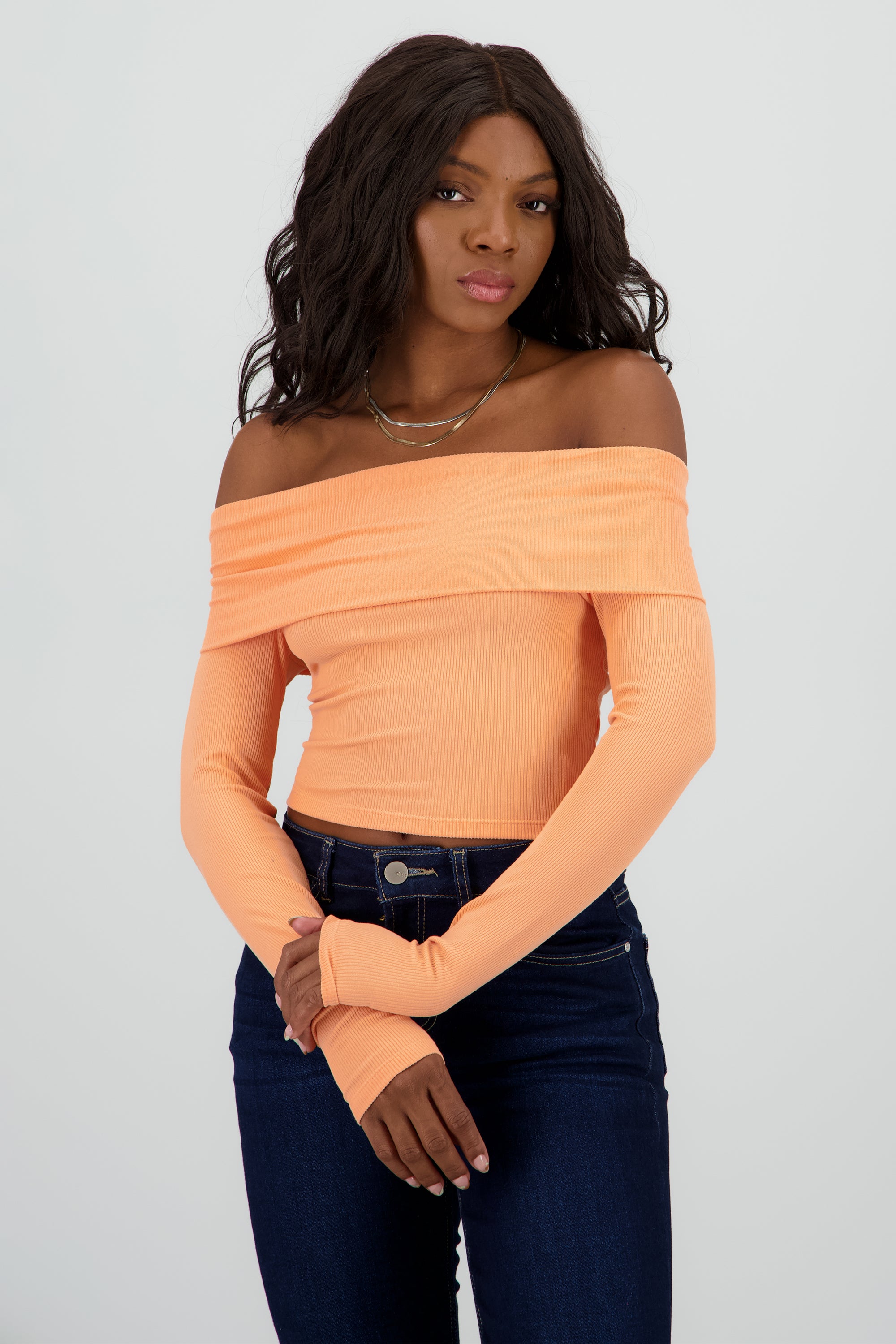 Top off shoulder manga larga rib DURAZNO