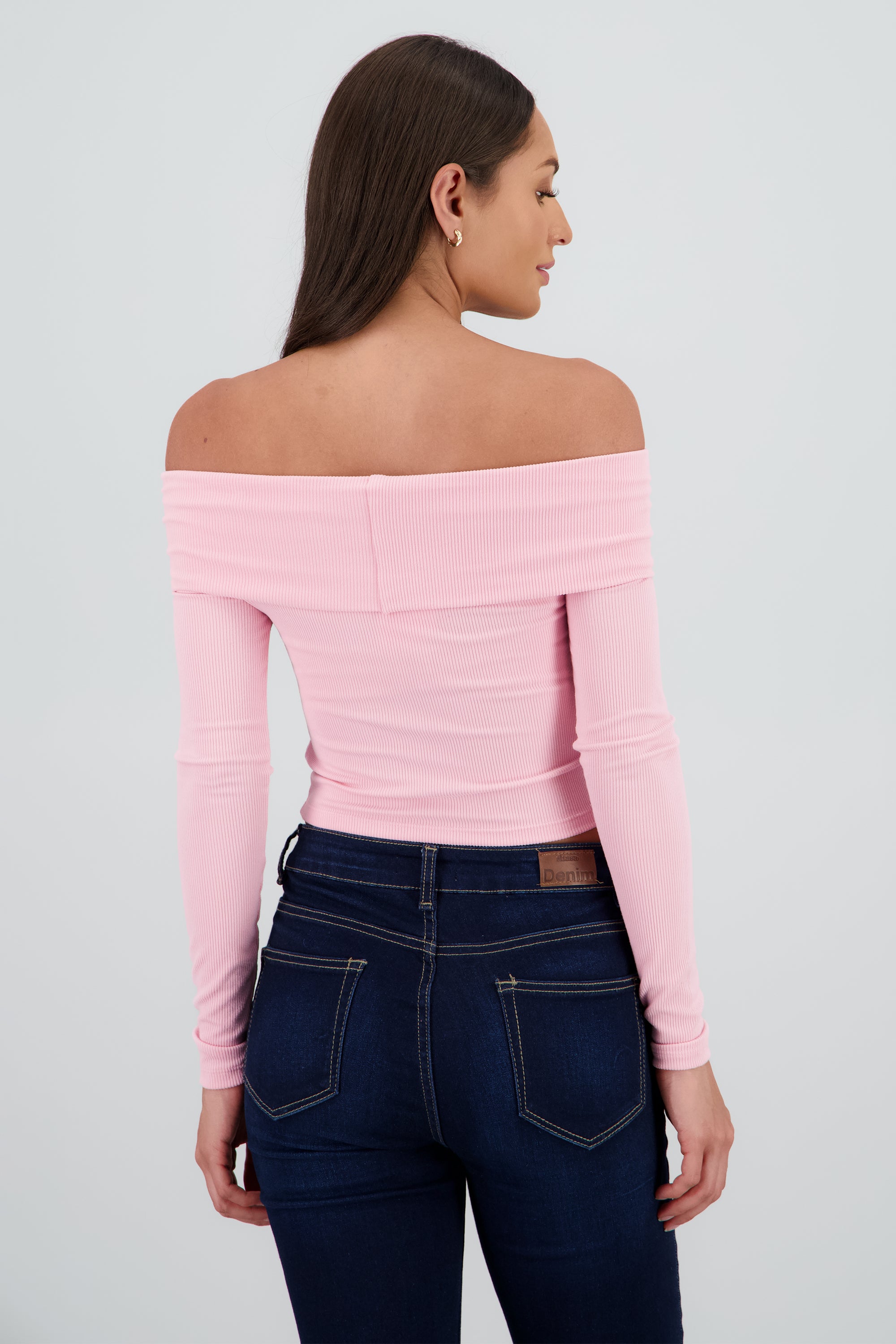 Top off shoulder manga larga rib ROSA PASTEL