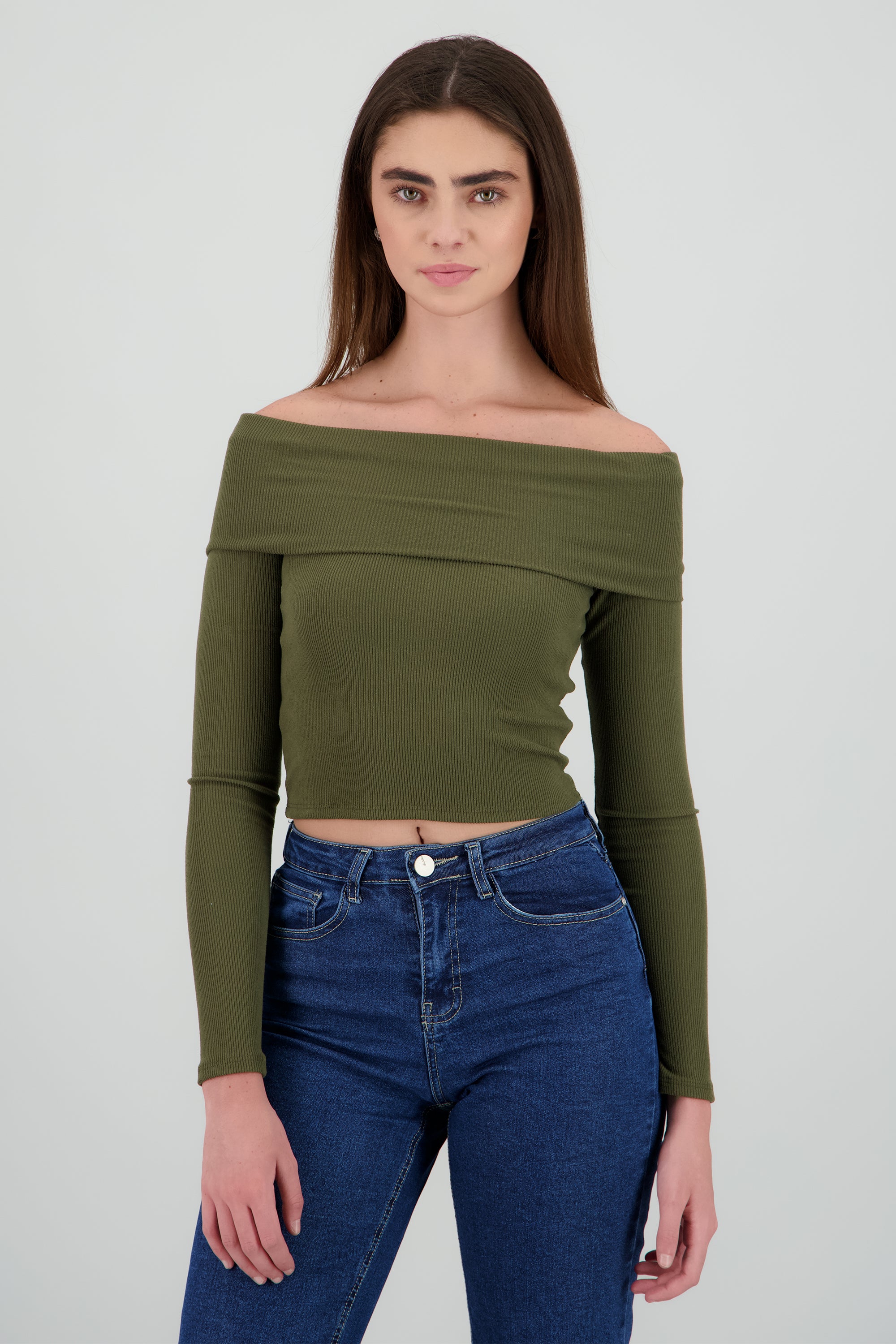 Top off shoulder manga larga rib OLIVO