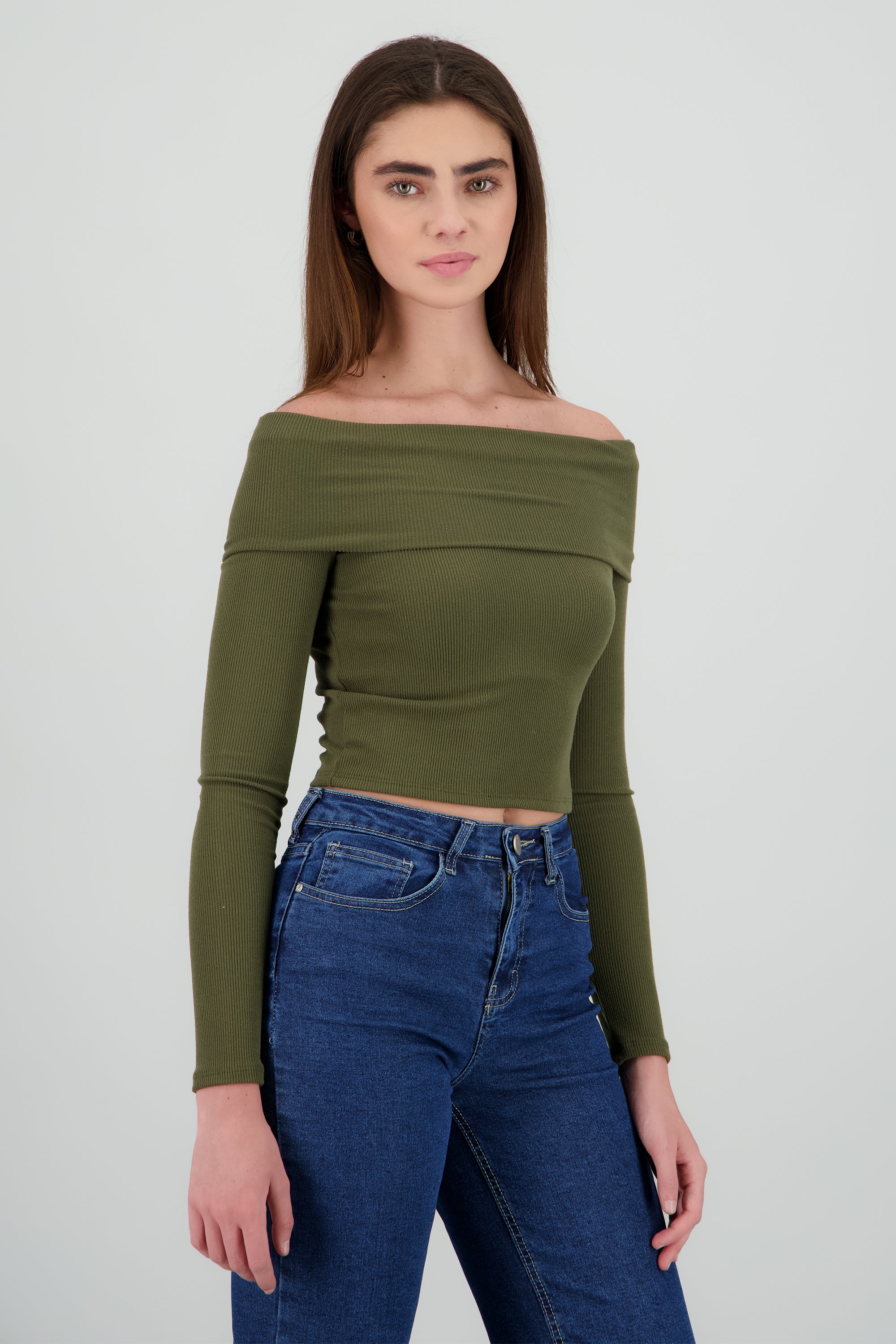 Top off shoulder manga larga rib OLIVO