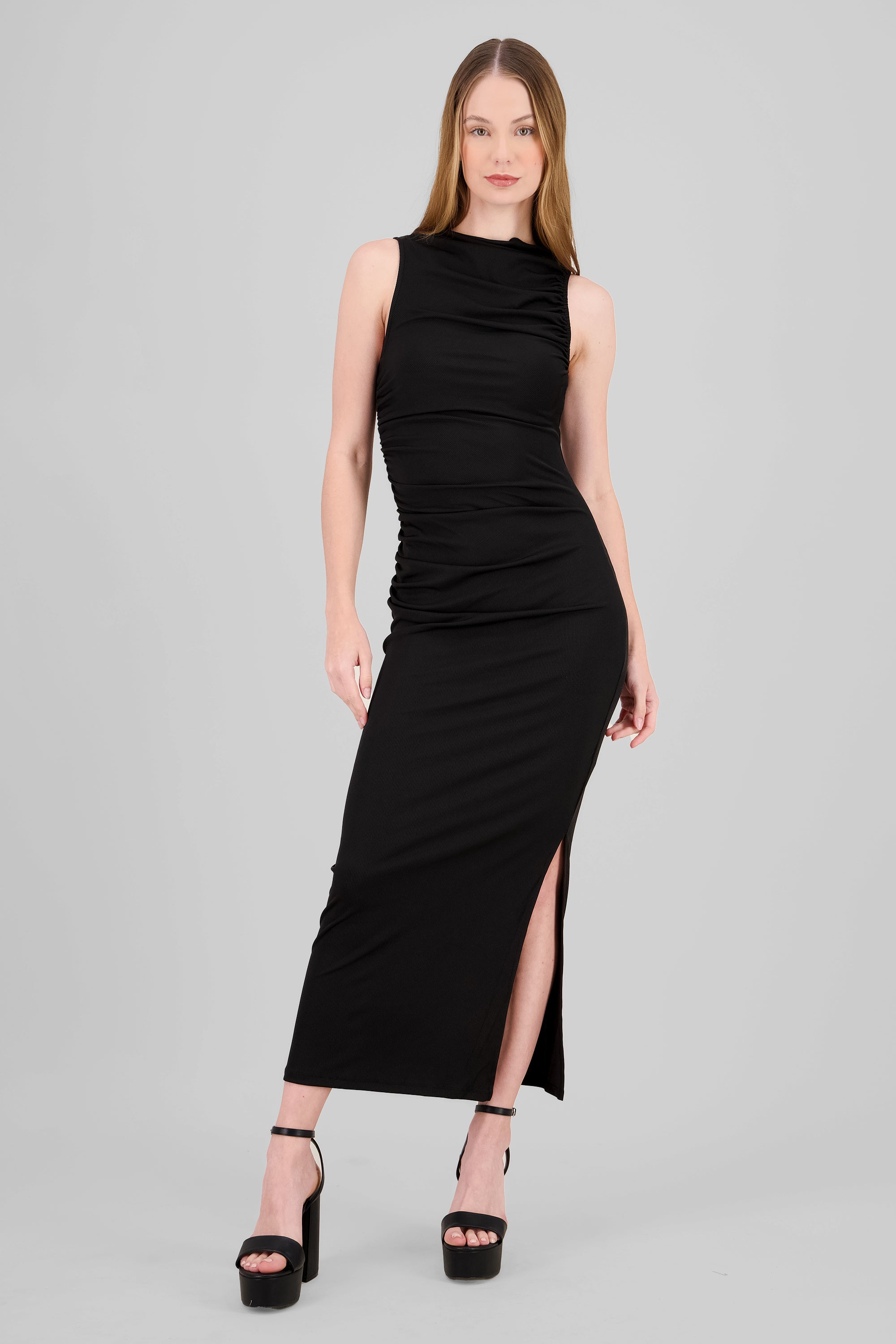 Vestido midi drapedado liso NEGRO