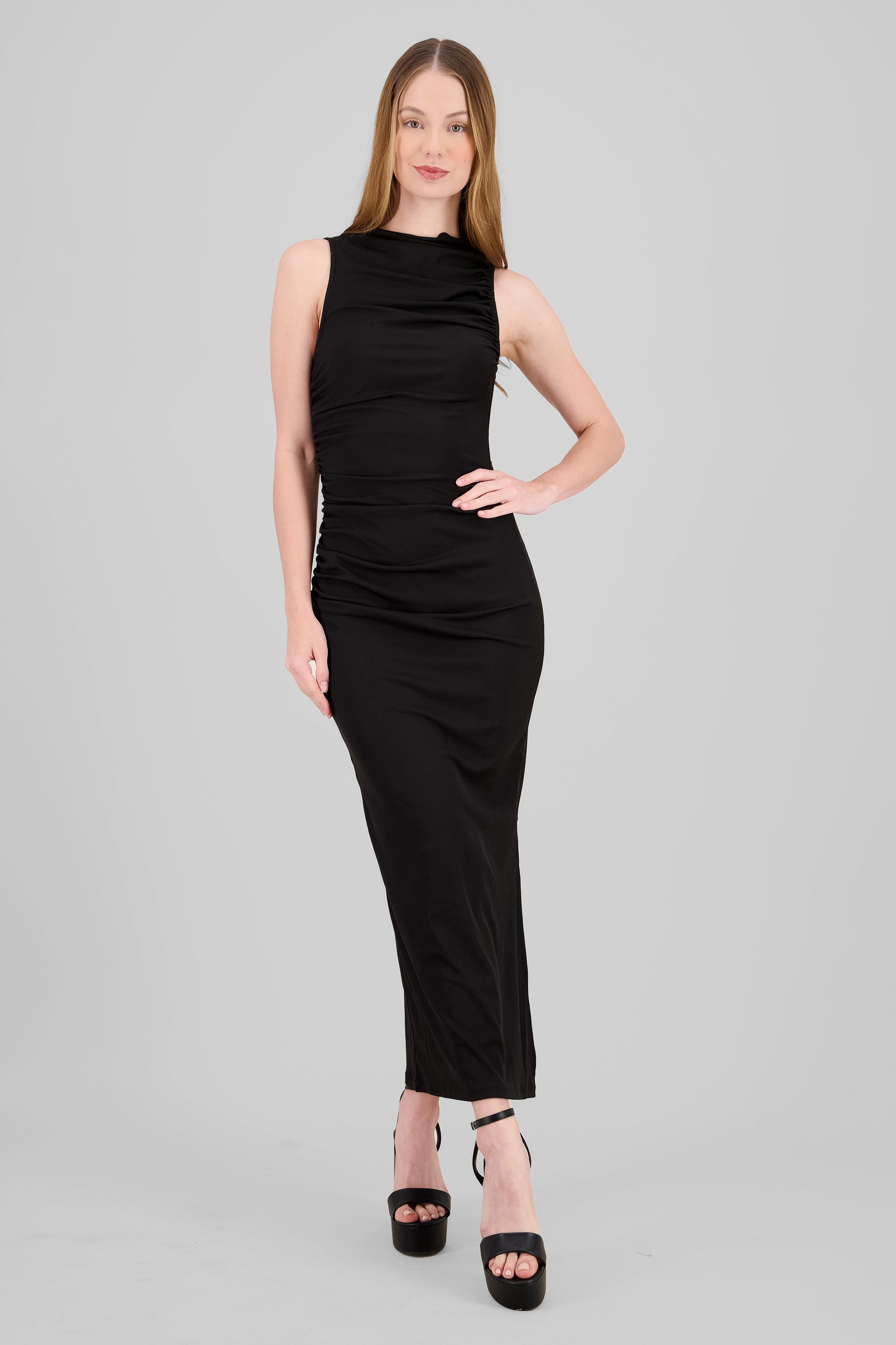 Vestido midi drapedado liso NEGRO