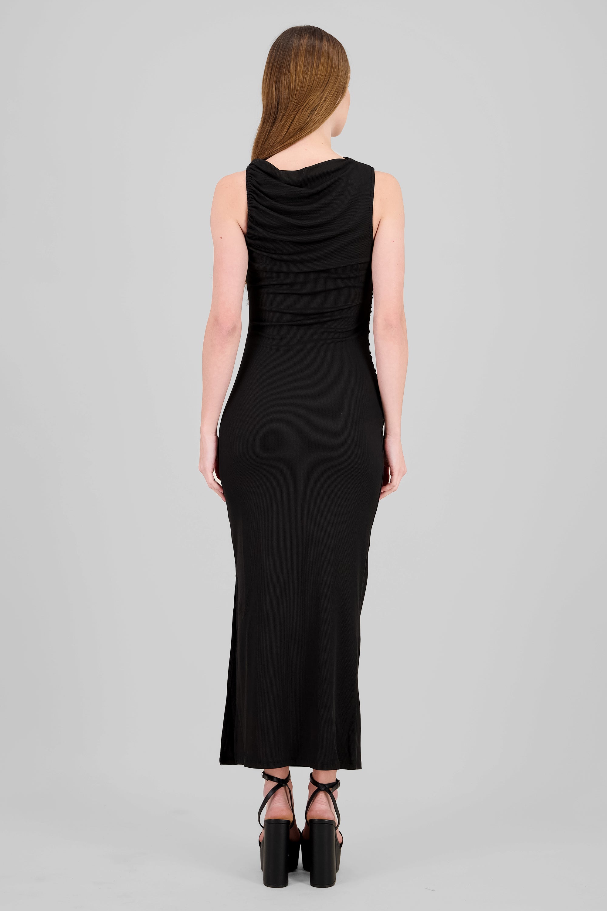 Vestido midi drapedado liso NEGRO