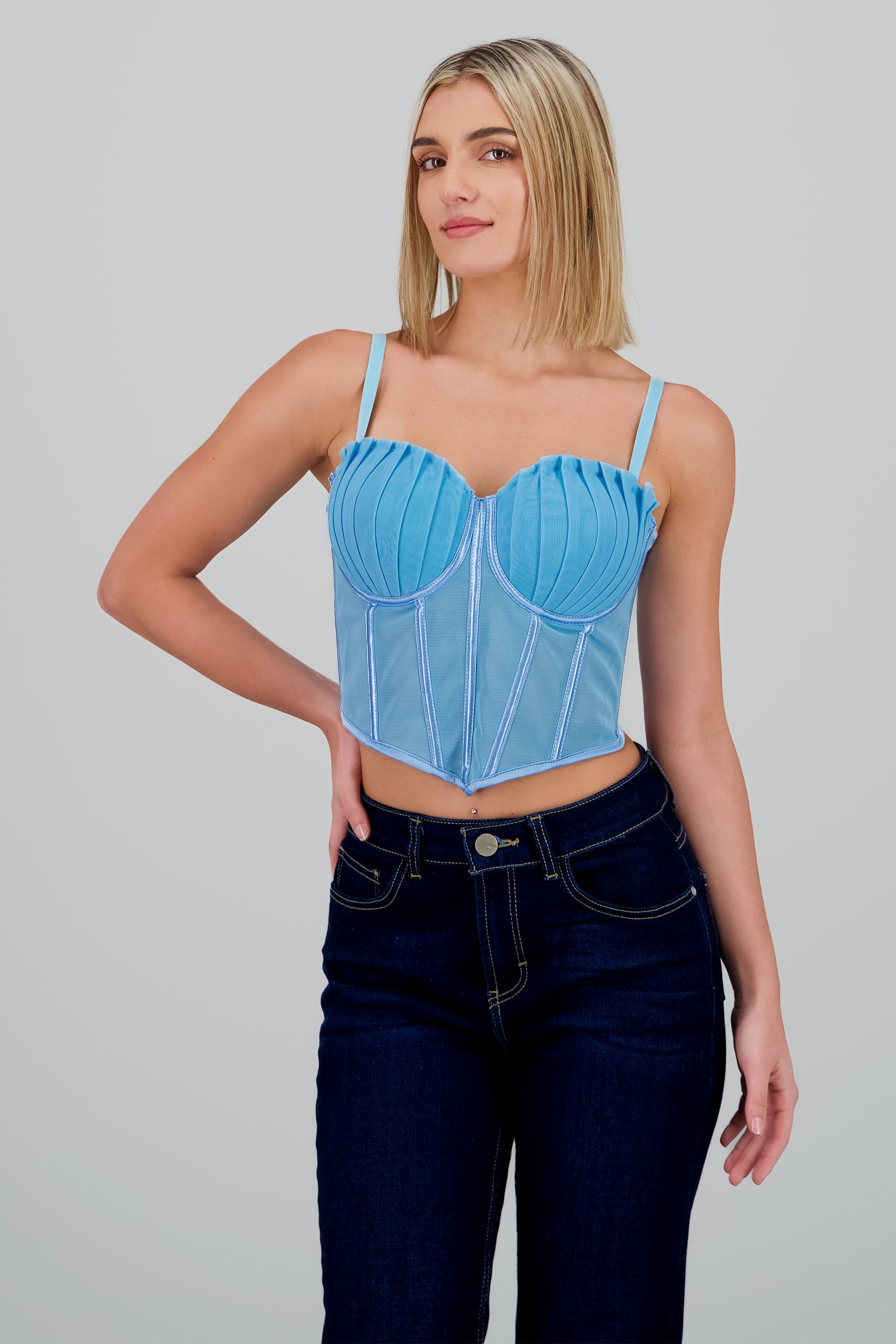Corset varillas detalle plisado copas AZUL PASTEL