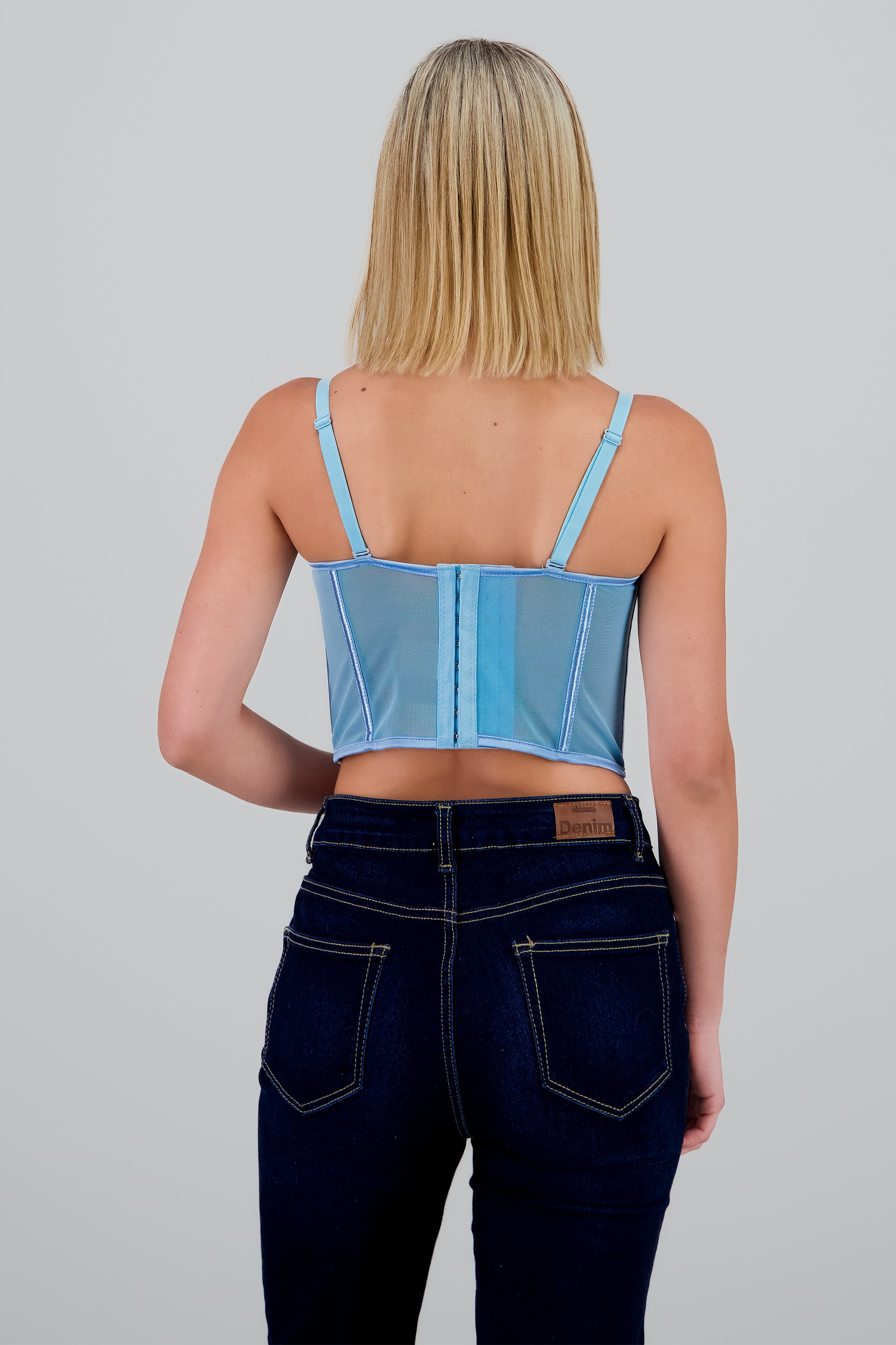 Corset varillas detalle plisado copas AZUL PASTEL