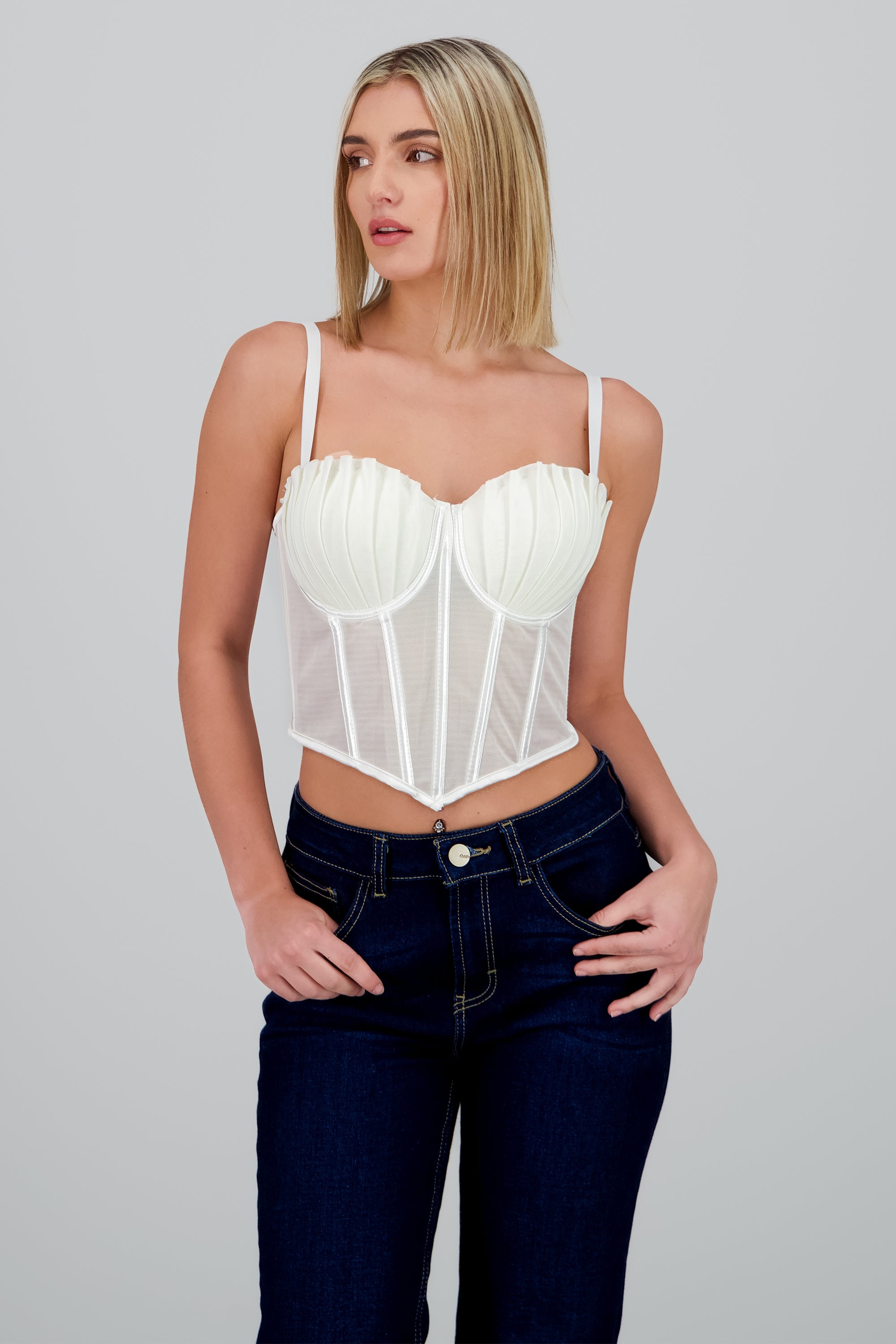 Corset varillas detalle plisado copas BLANCO