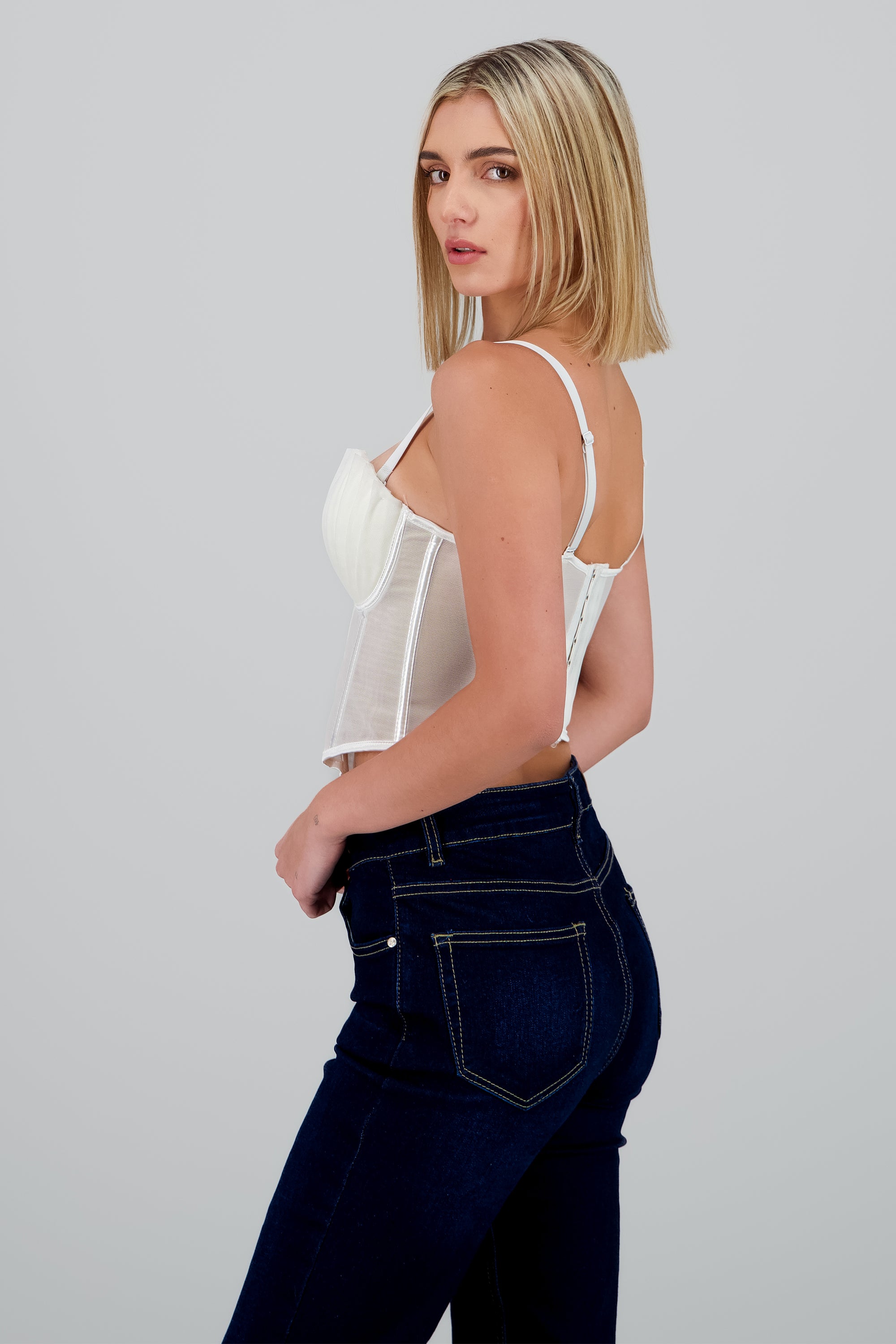 Corset varillas detalle plisado copas BLANCO