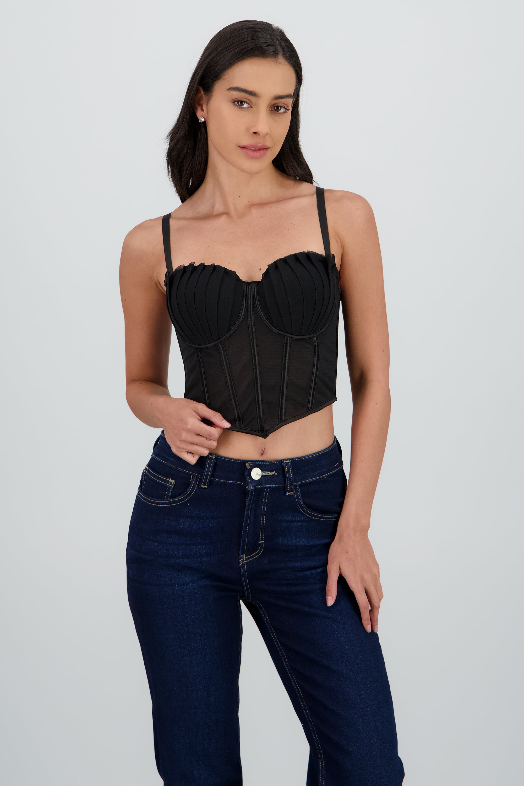 Corset varillas detalle plisado copas NEGRO