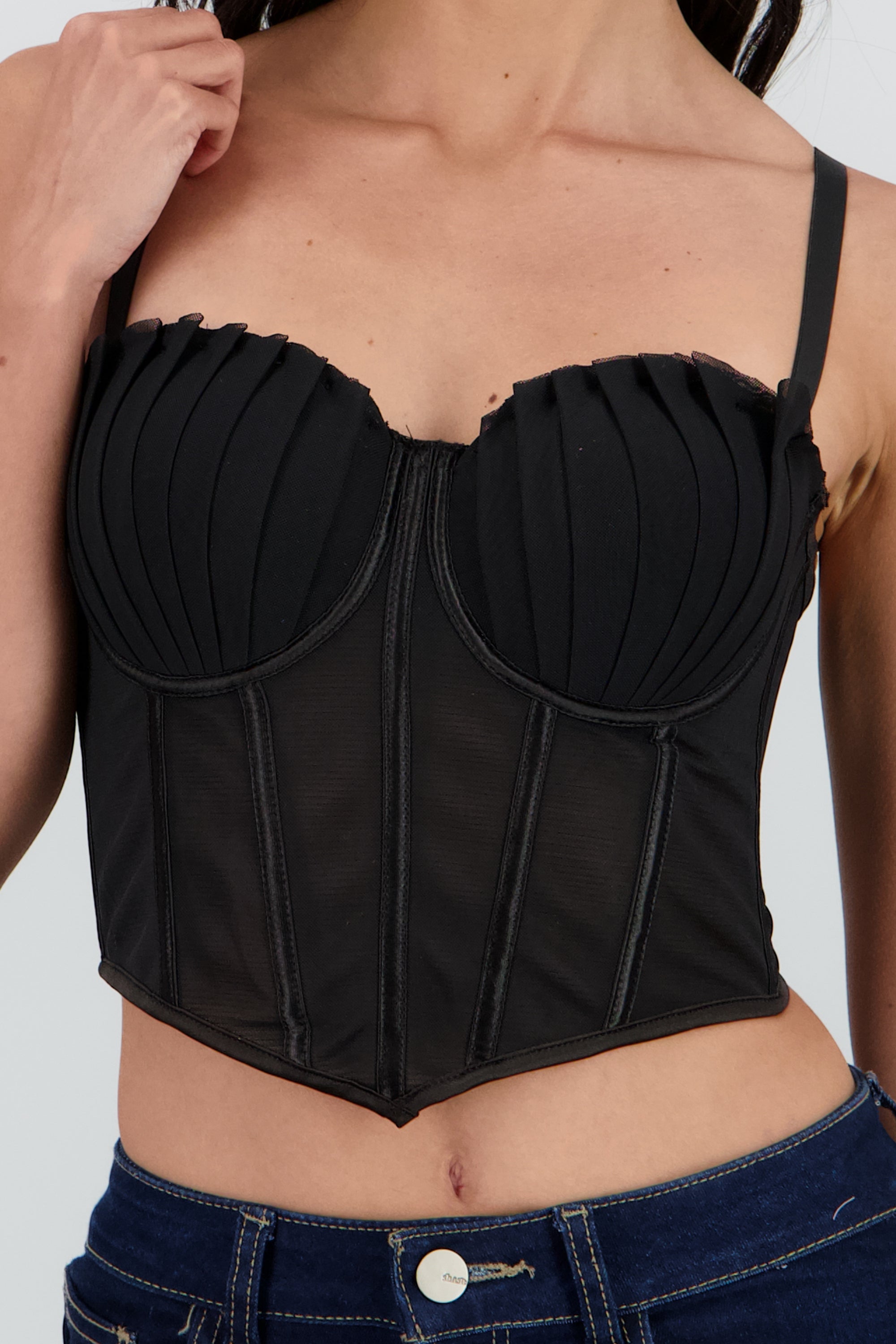 Corset varillas detalle plisado copas NEGRO
