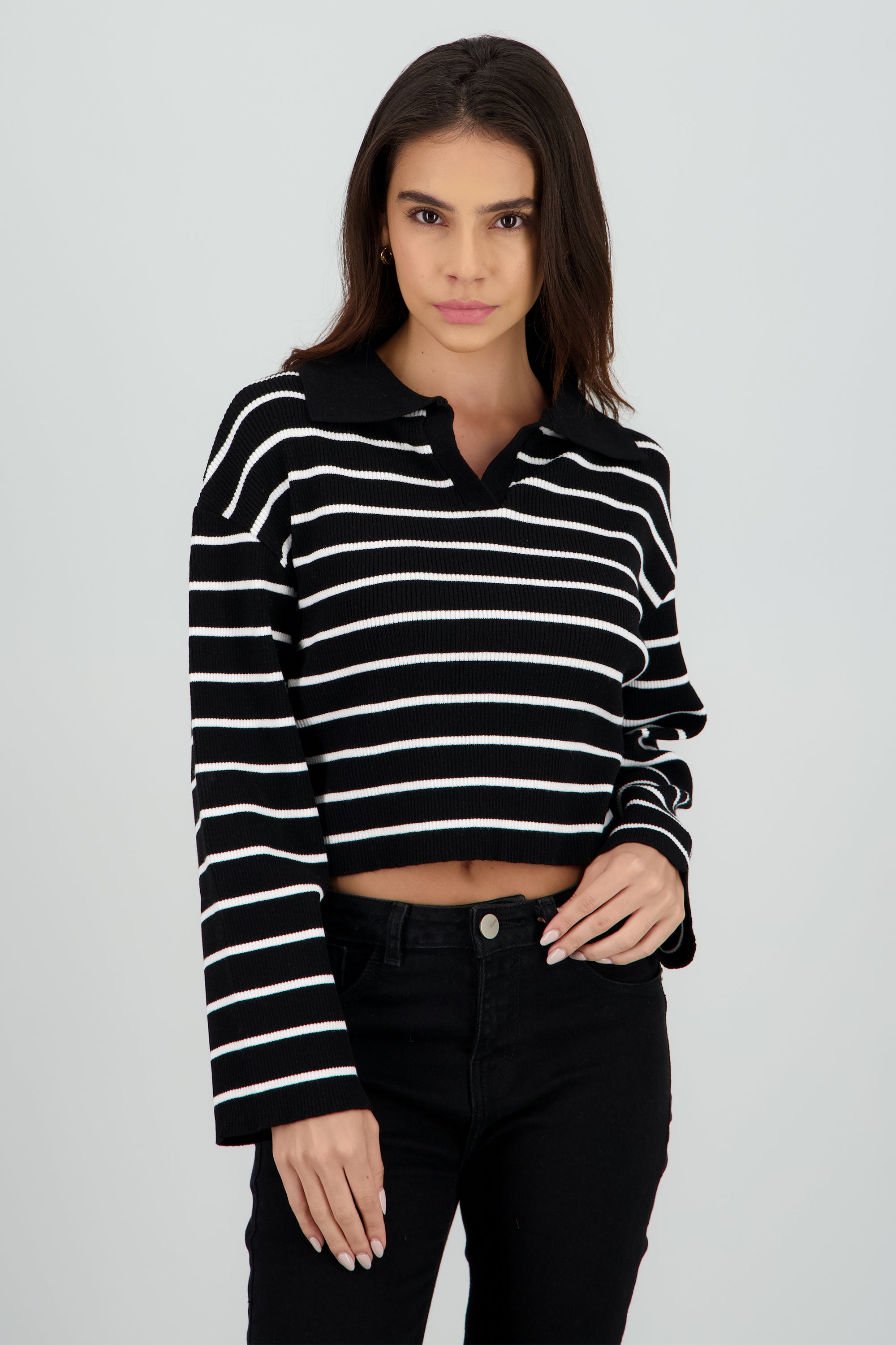 Sueter tejido cuello polo rayas NEGRO COMBO