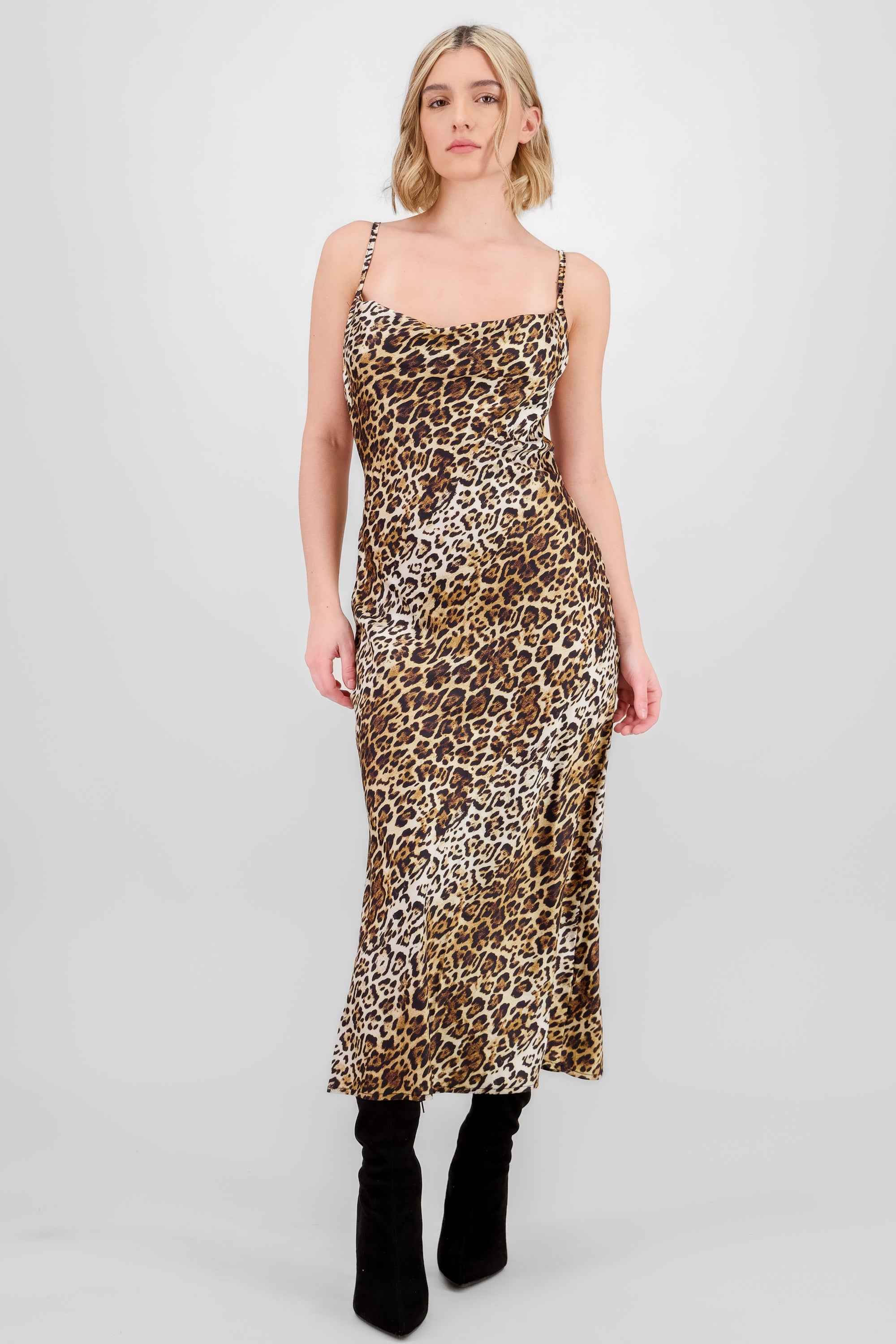 Vestido satinado de animal print CAFE COMBO