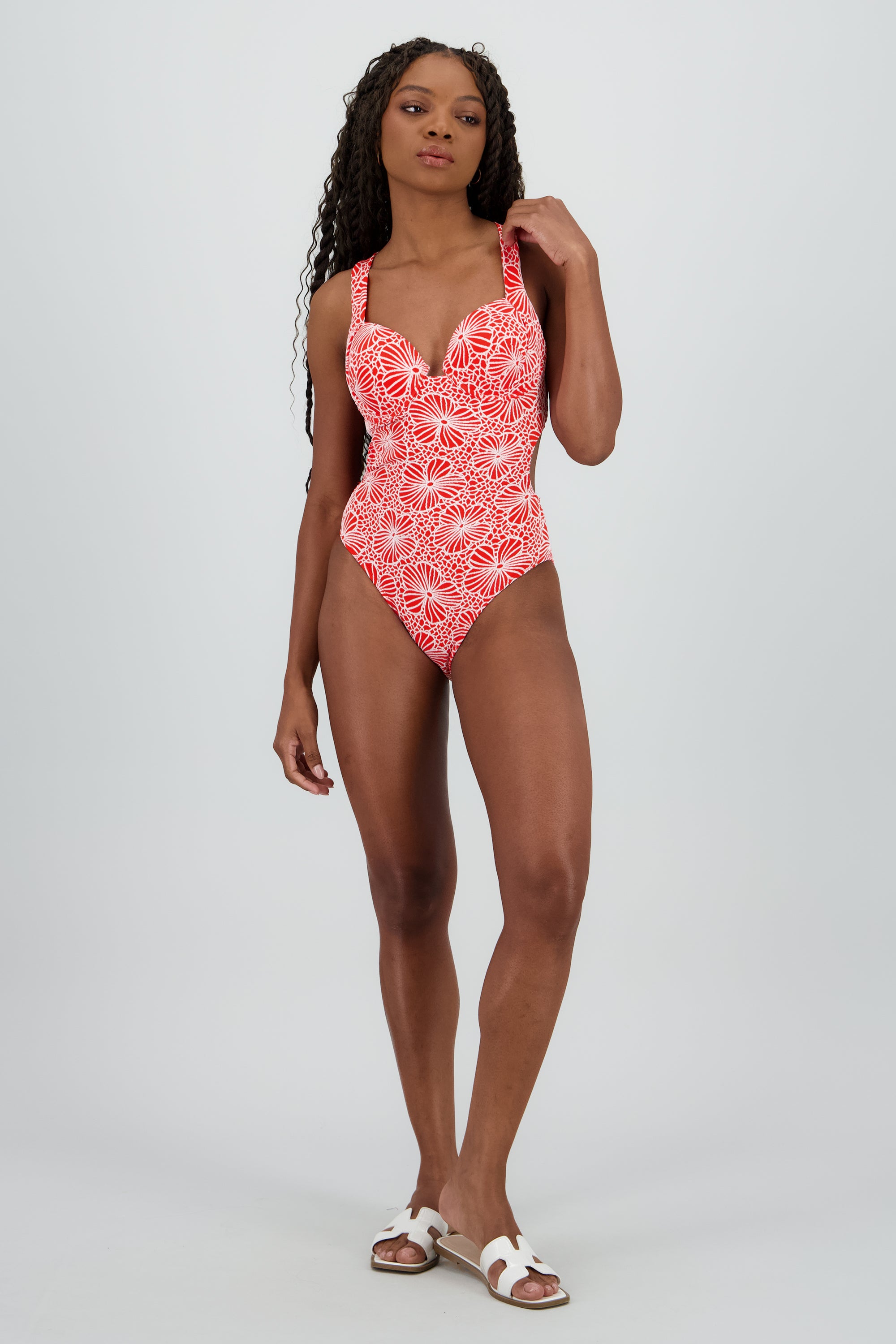 Traje baño textura flores espalda abierta ROJO