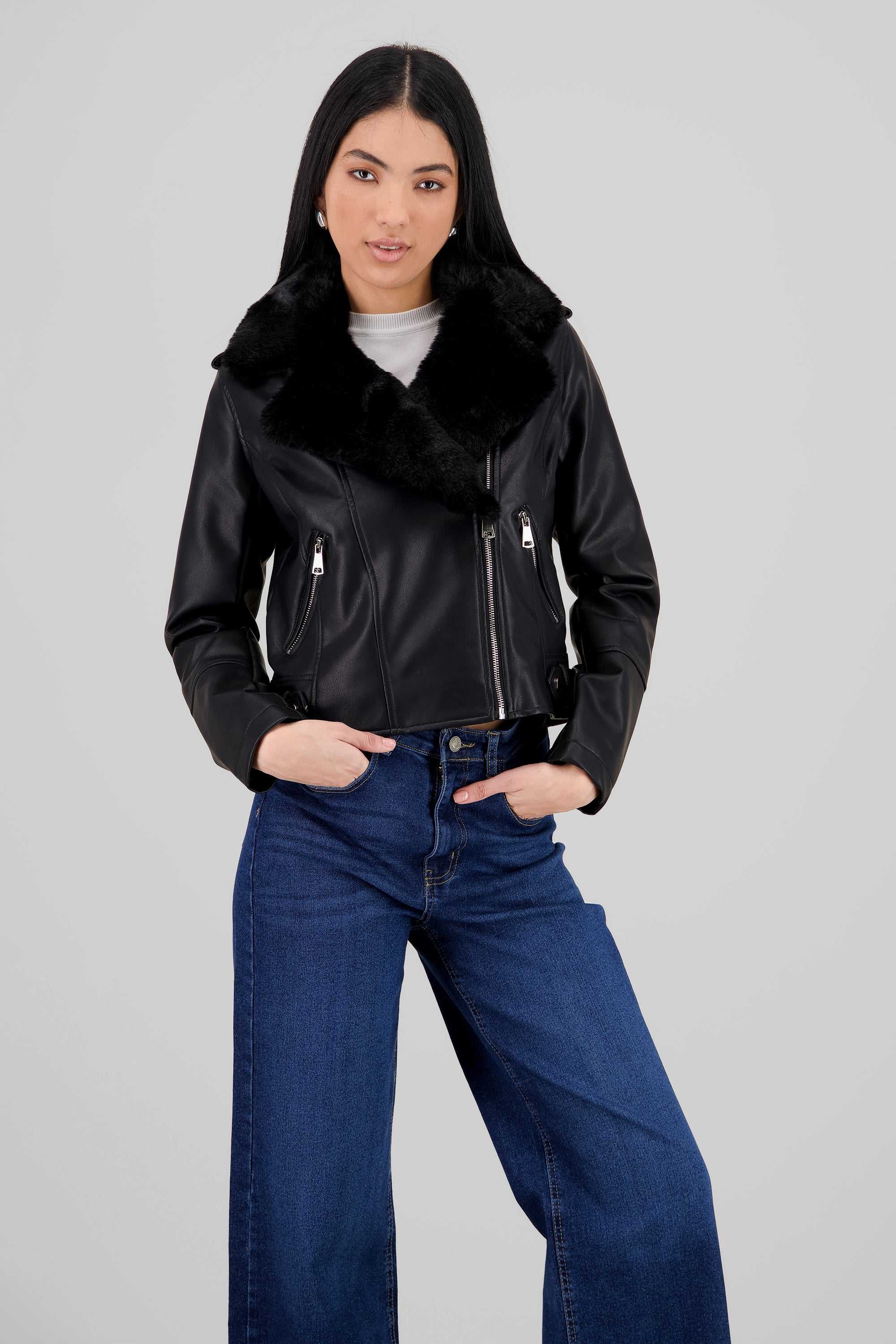 PU biker with stuffed BLACK
