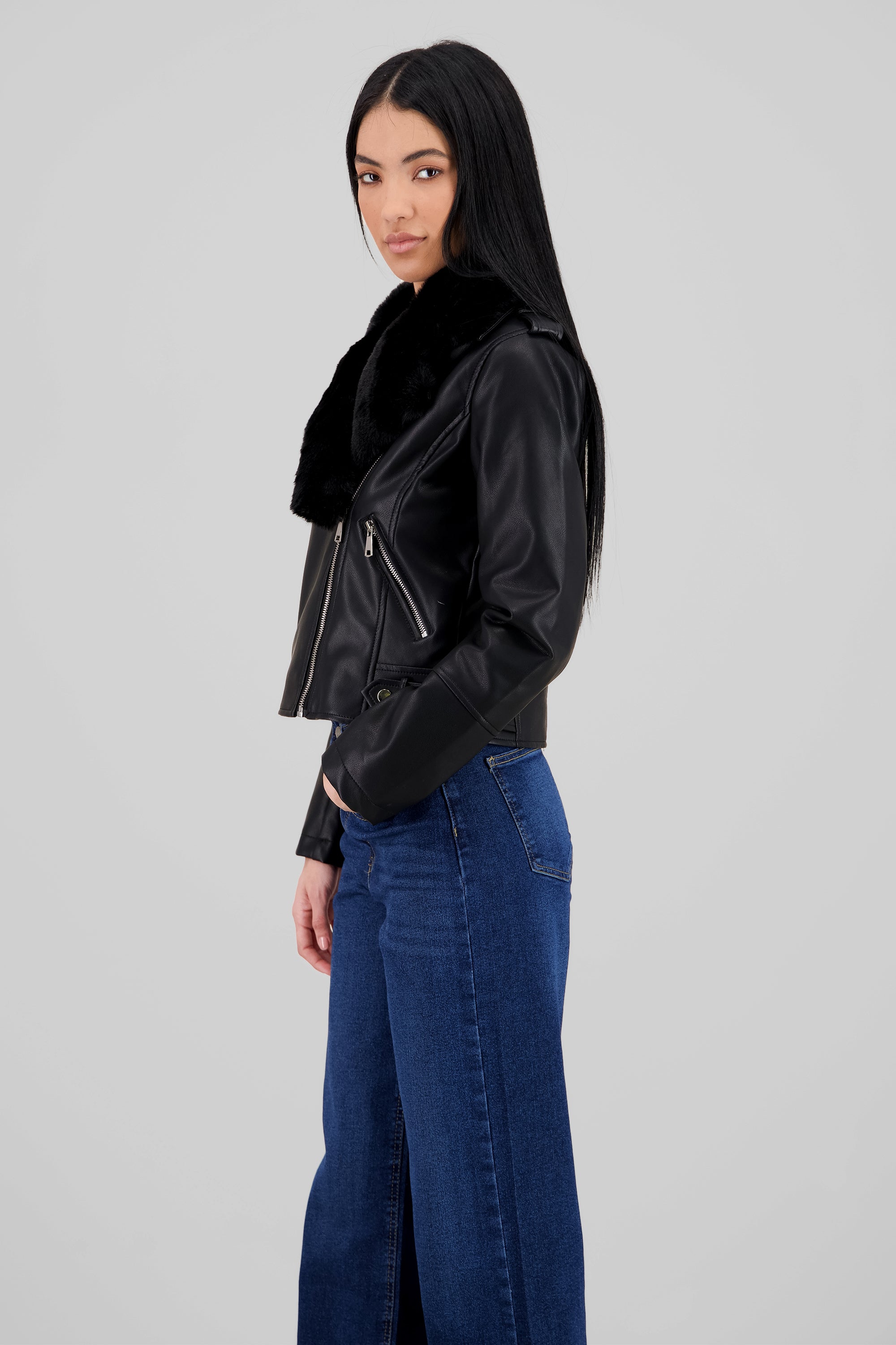 PU biker with stuffed BLACK