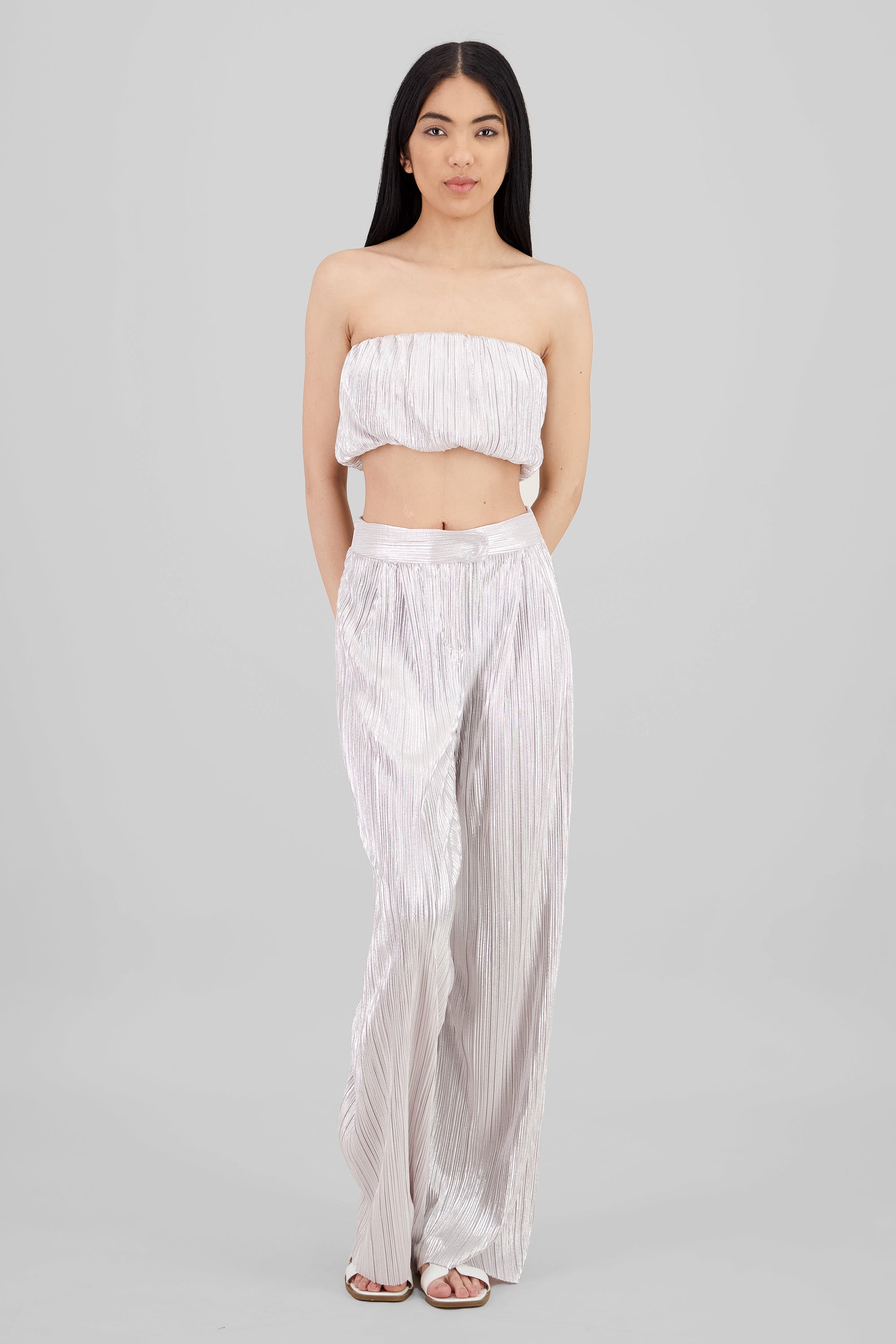Pantalon textura brillo ROSA PASTEL