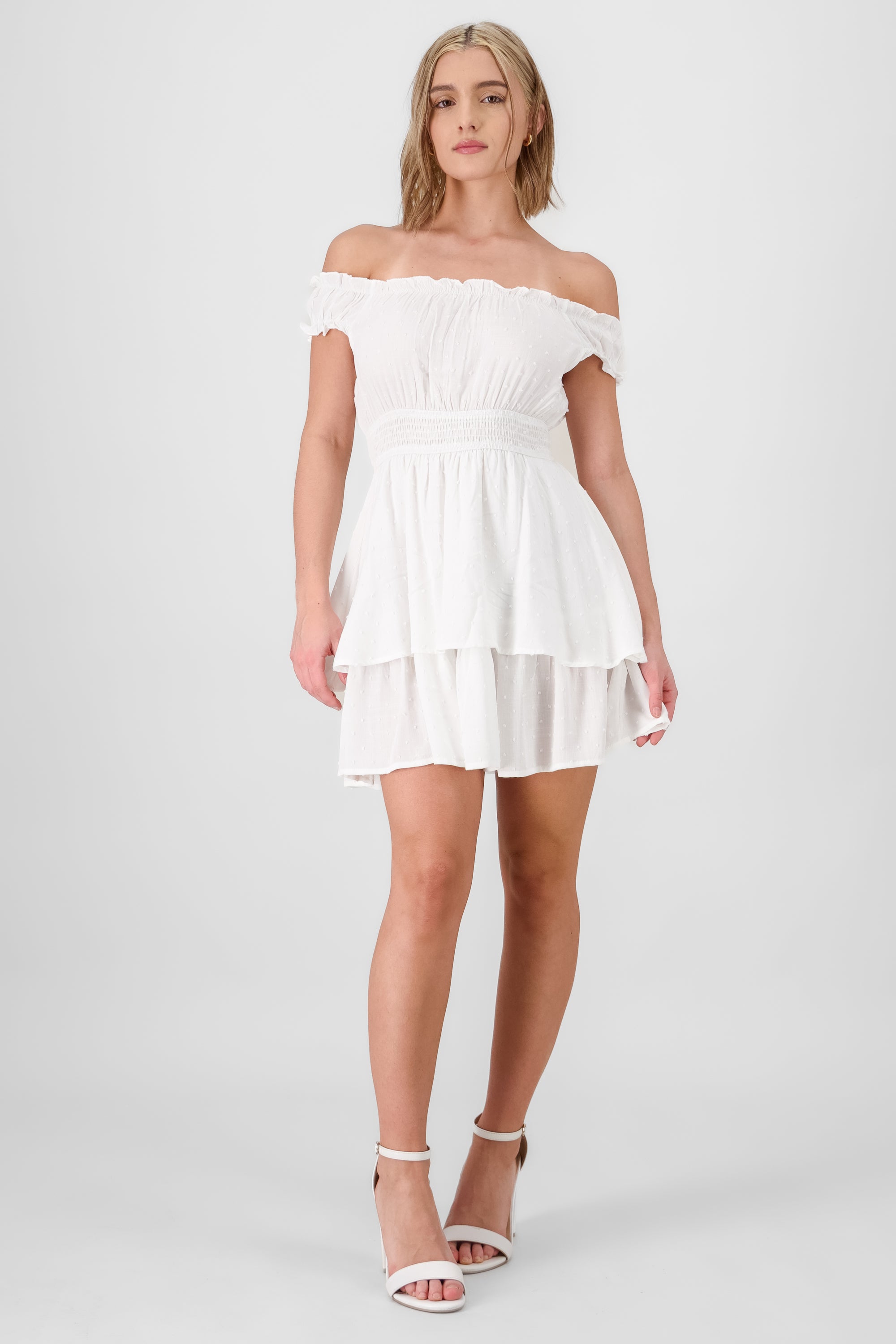 Vestido off shoulder con smock a la cintura BLANCO