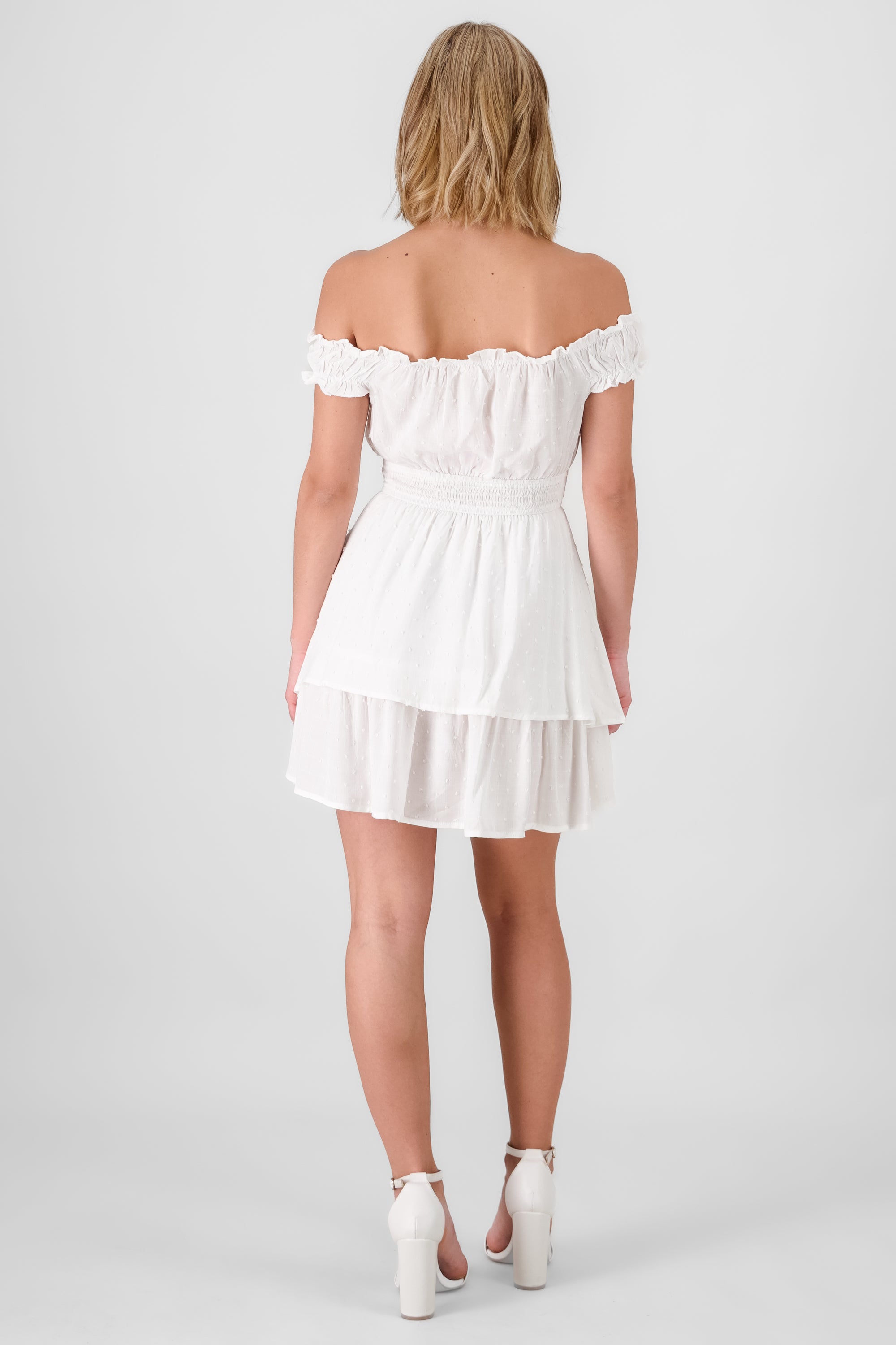 Vestido off shoulder con smock a la cintura BLANCO