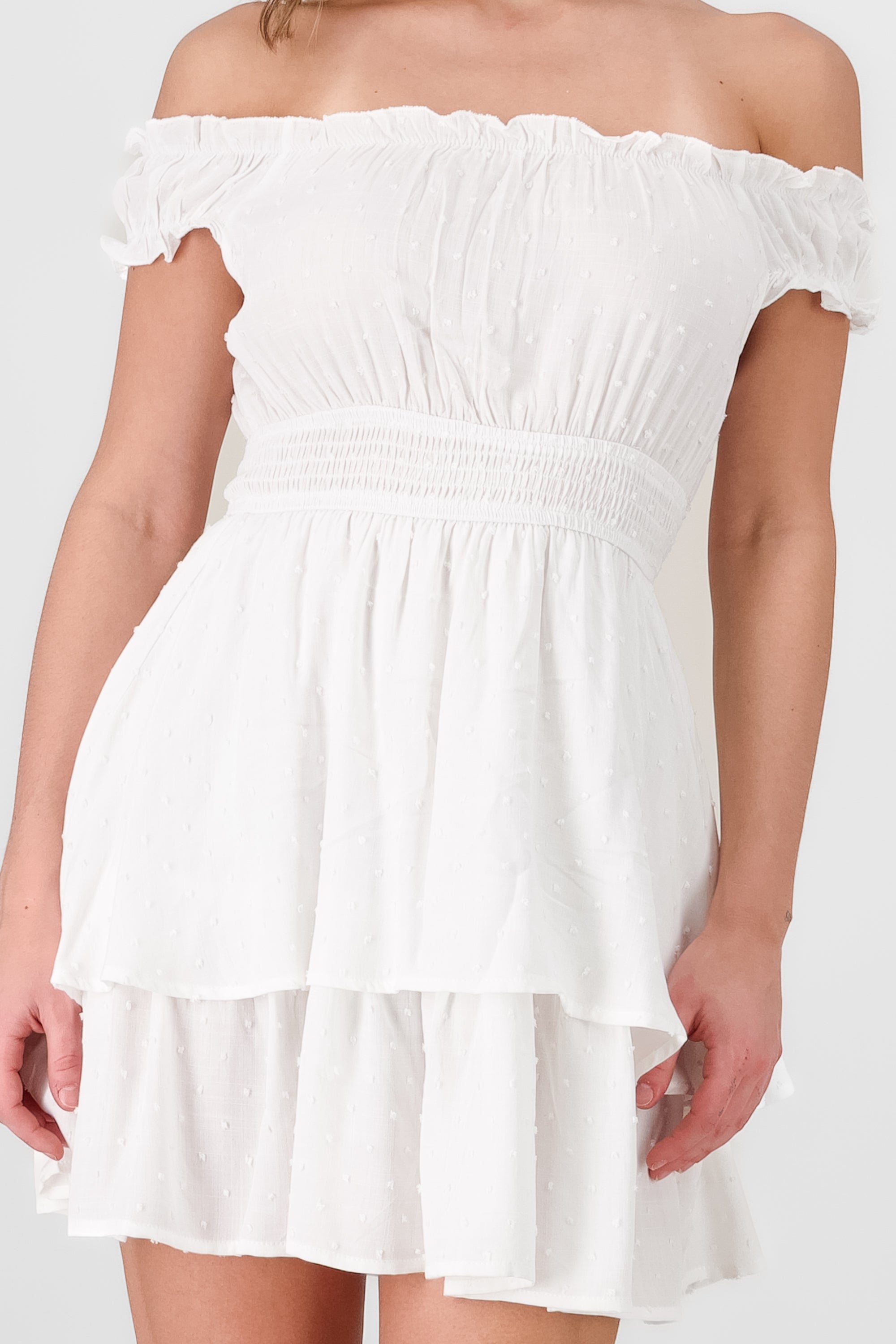 Vestido off shoulder con smock a la cintura BLANCO