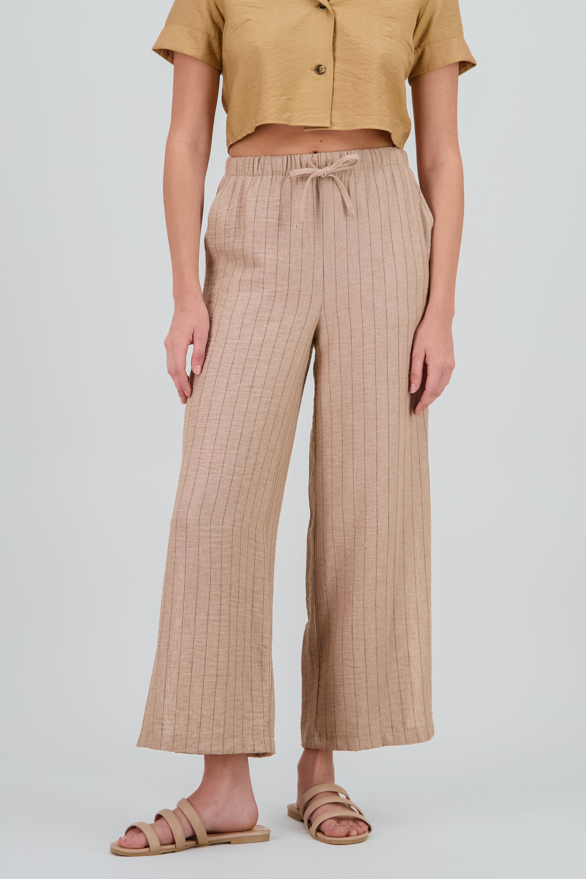 Pantalon rayas lino CAMELLO