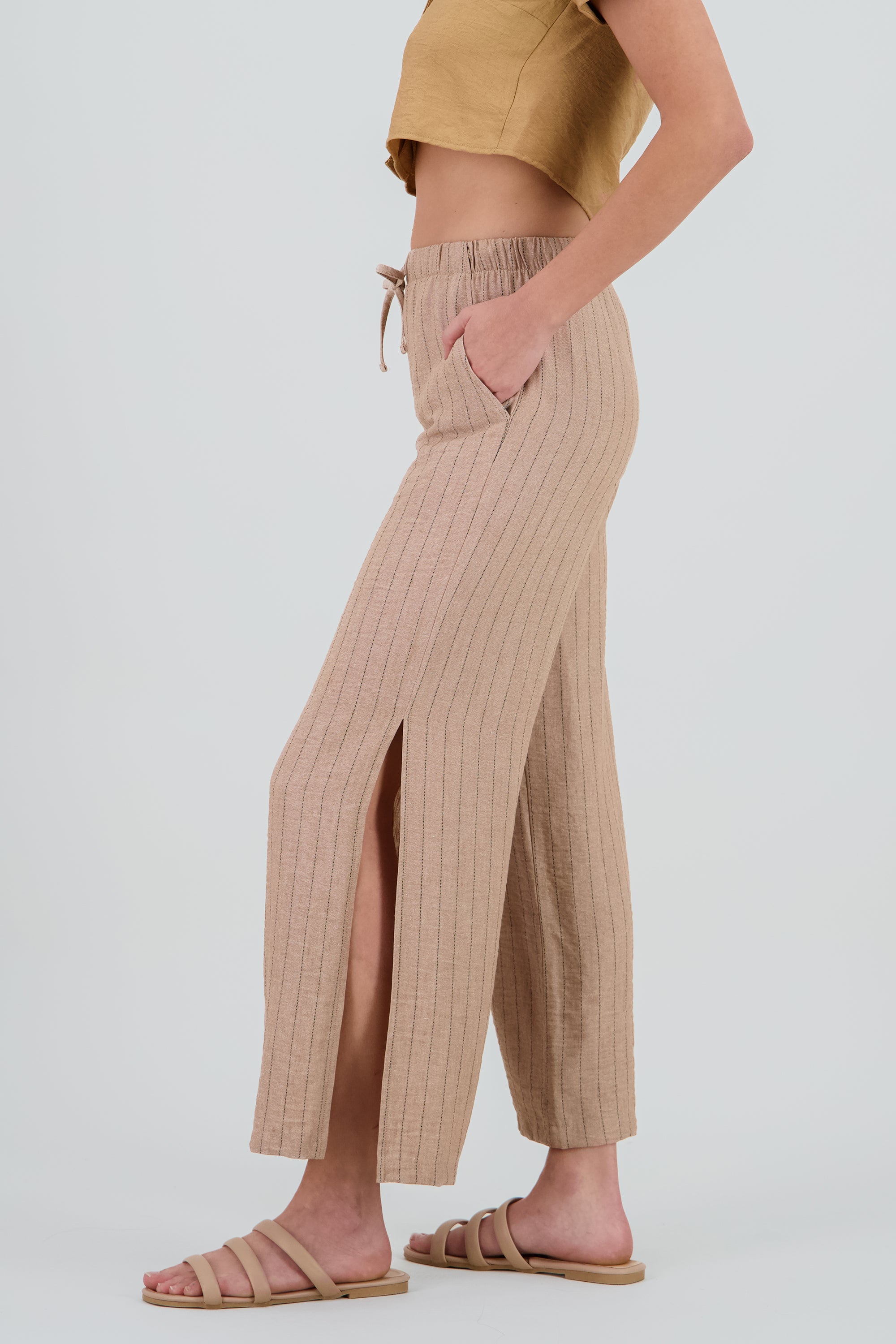 Pantalon rayas lino CAMELLO