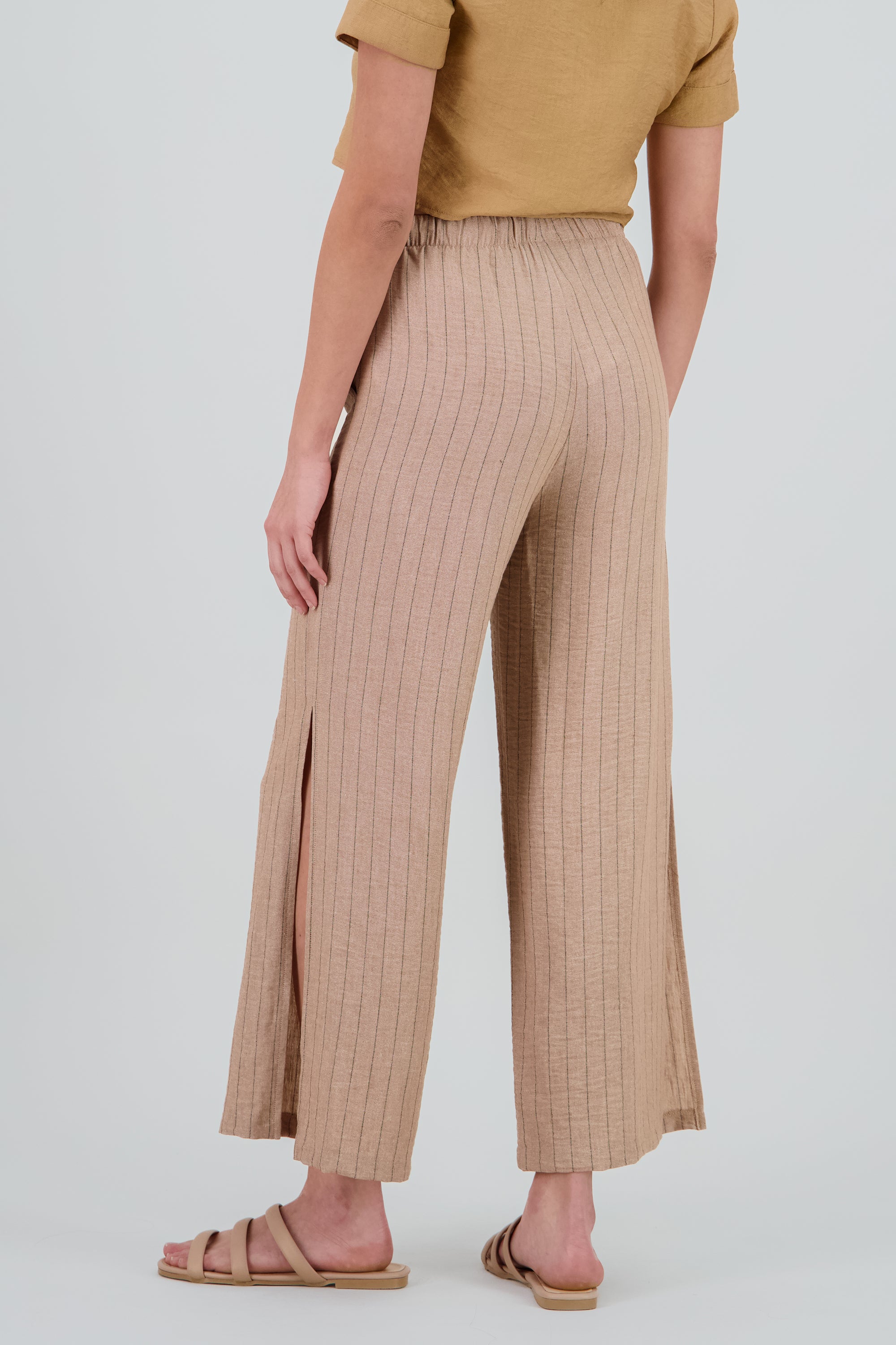 Pantalon rayas lino CAMELLO