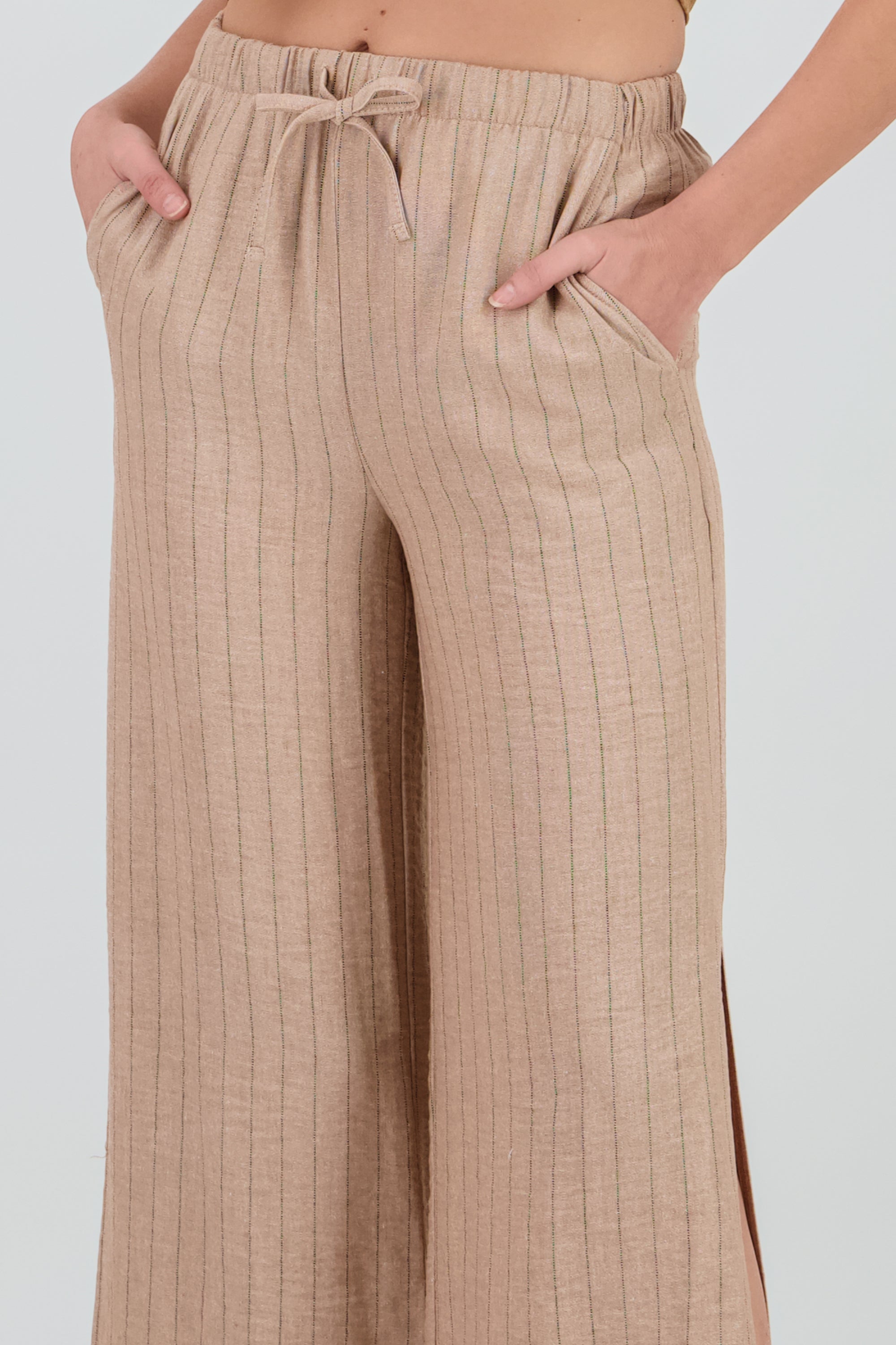 Pantalon rayas lino CAMELLO