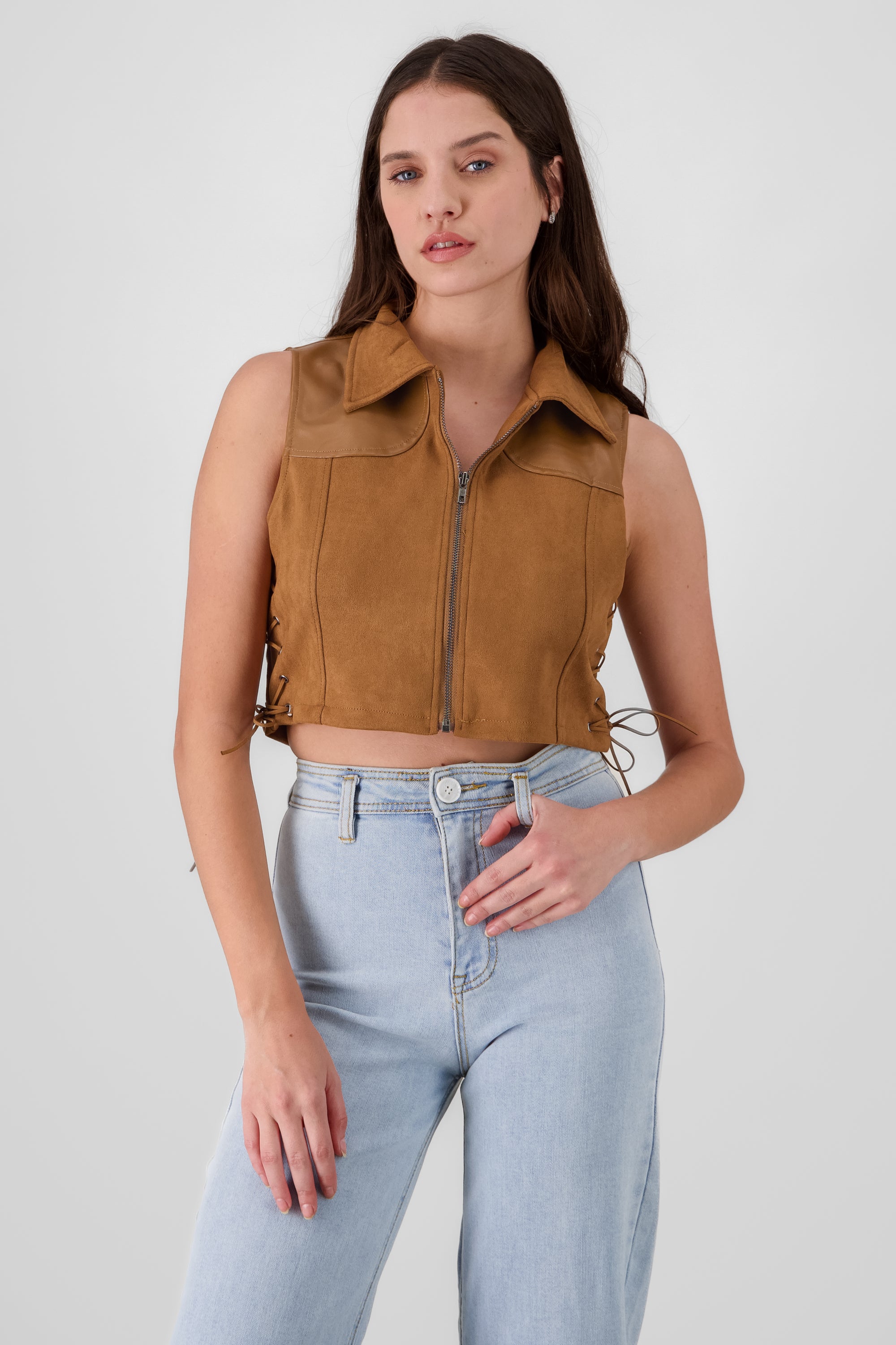 PU and Suede vest with neck CAMEL