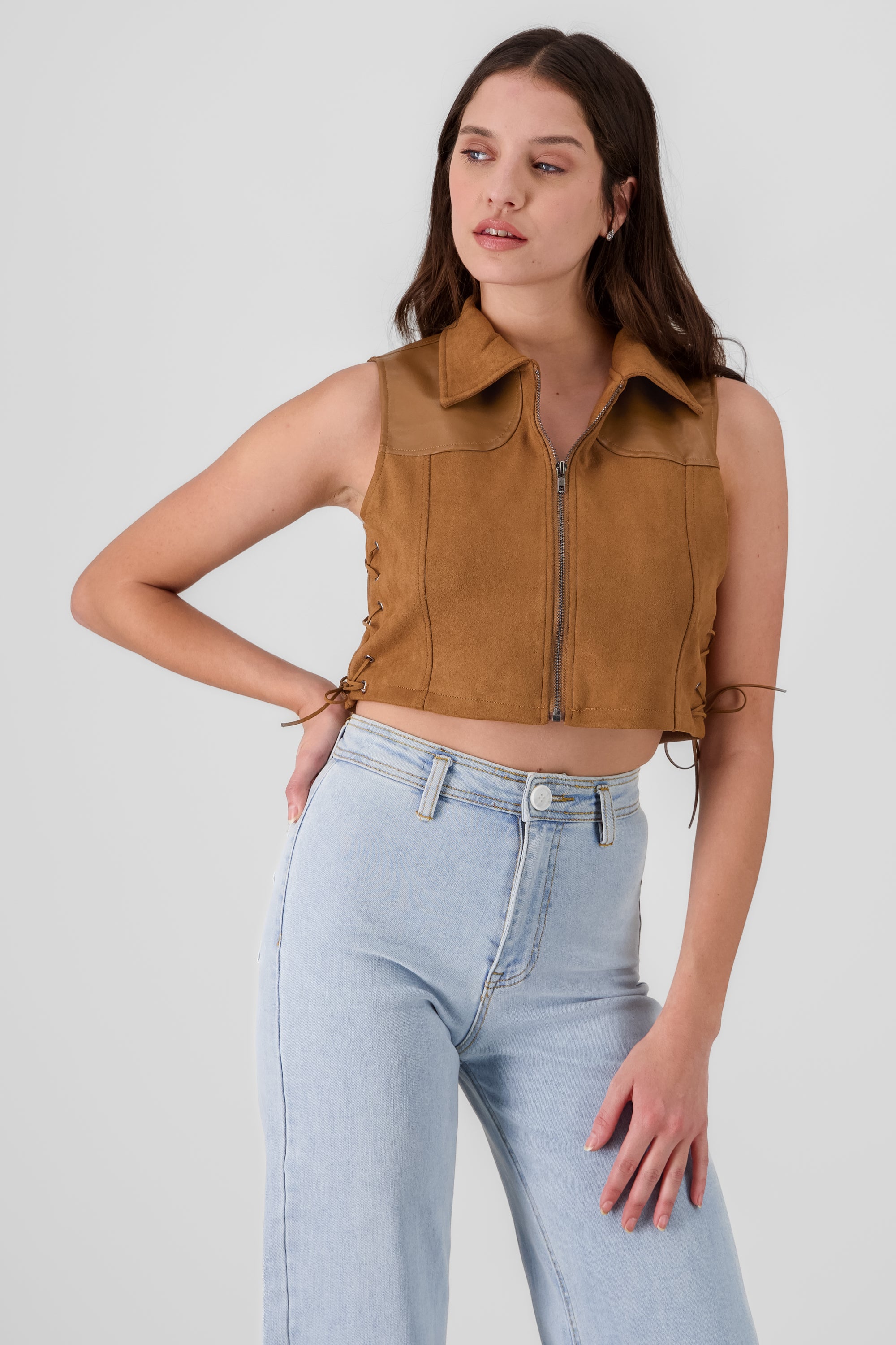 PU and Suede vest with neck CAMEL