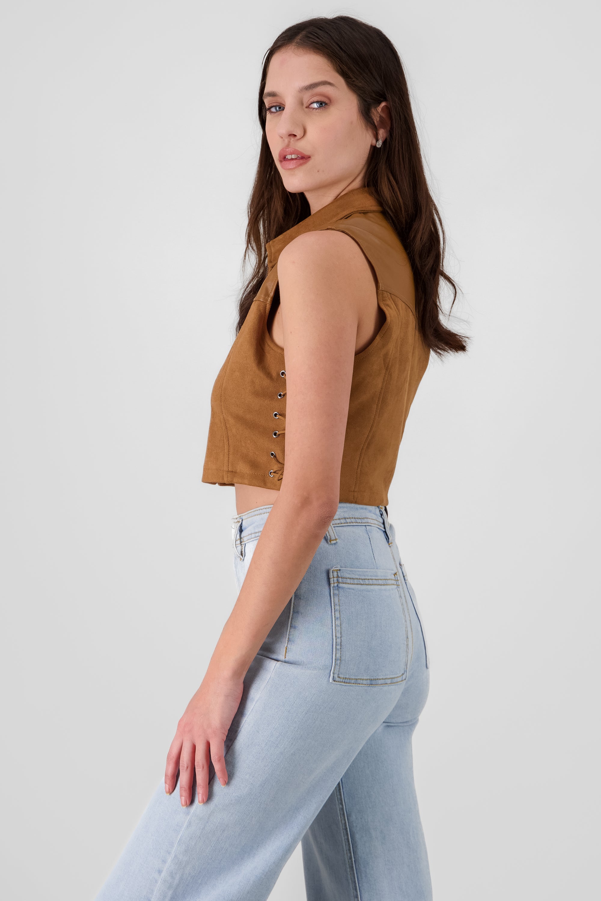 PU and Suede vest with neck CAMEL