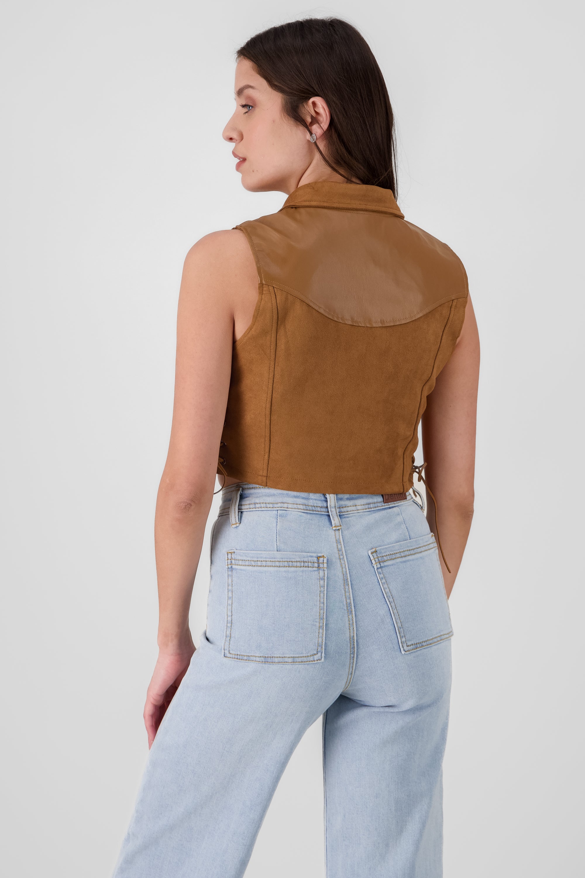 PU and Suede vest with neck CAMEL
