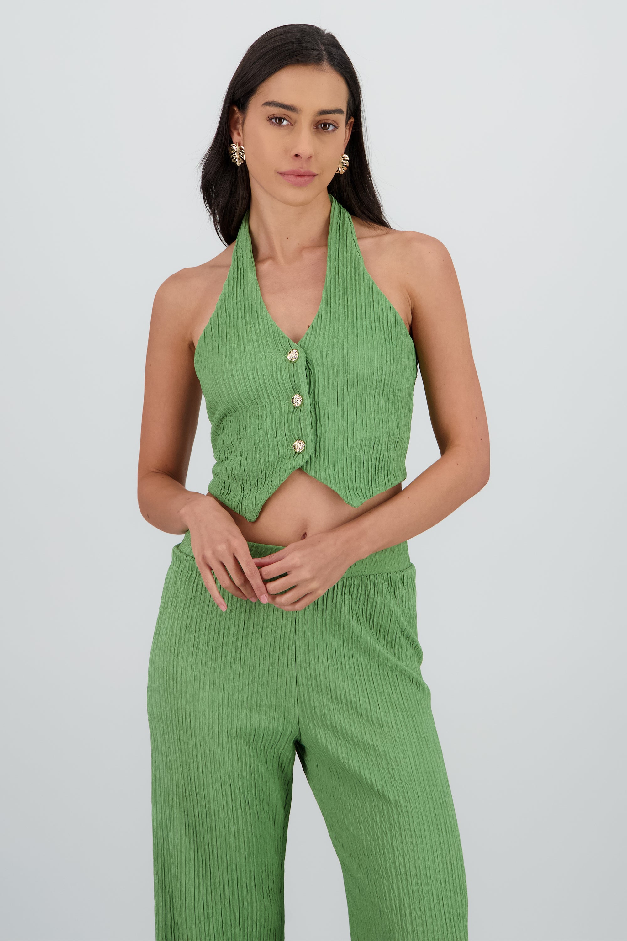 Top halter botones textura VERDE BRILLANTE