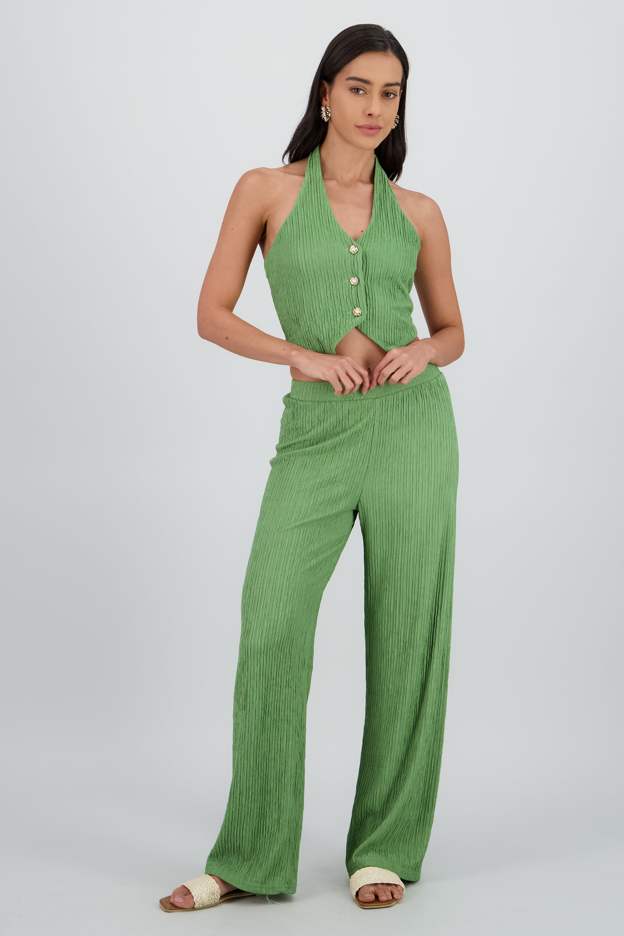 Pantalon recto textura VERDE BRILLANTE