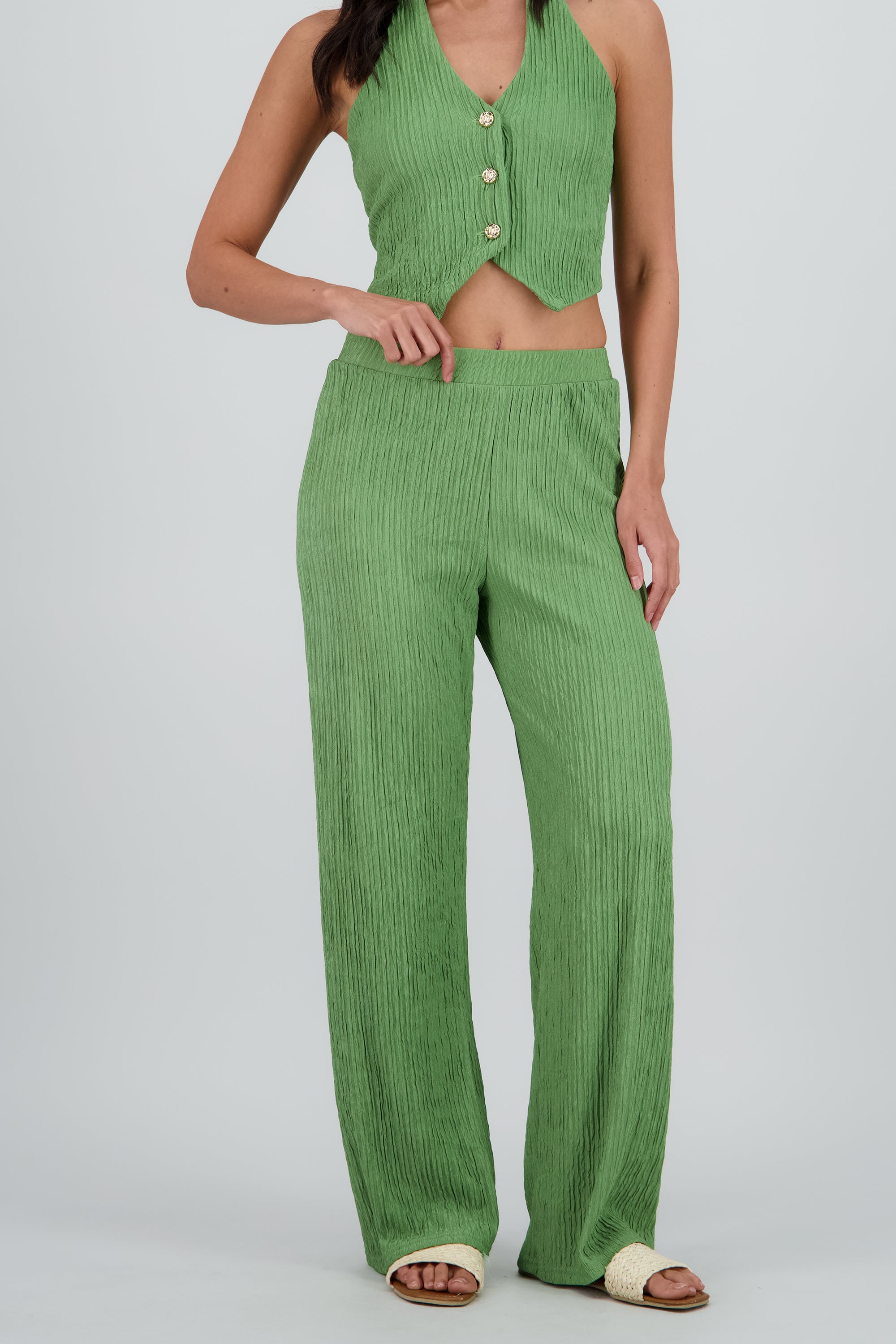 Pantalon recto textura VERDE BRILLANTE